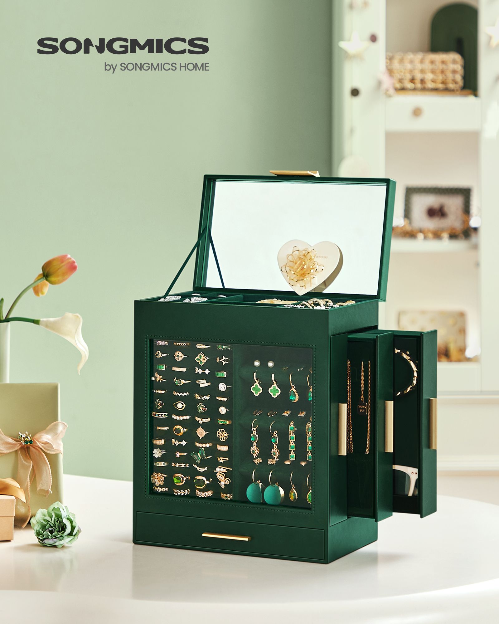 5-Layer Jewelry Organizer with 3 Side Drawers - Forest Green, Metallic Gold