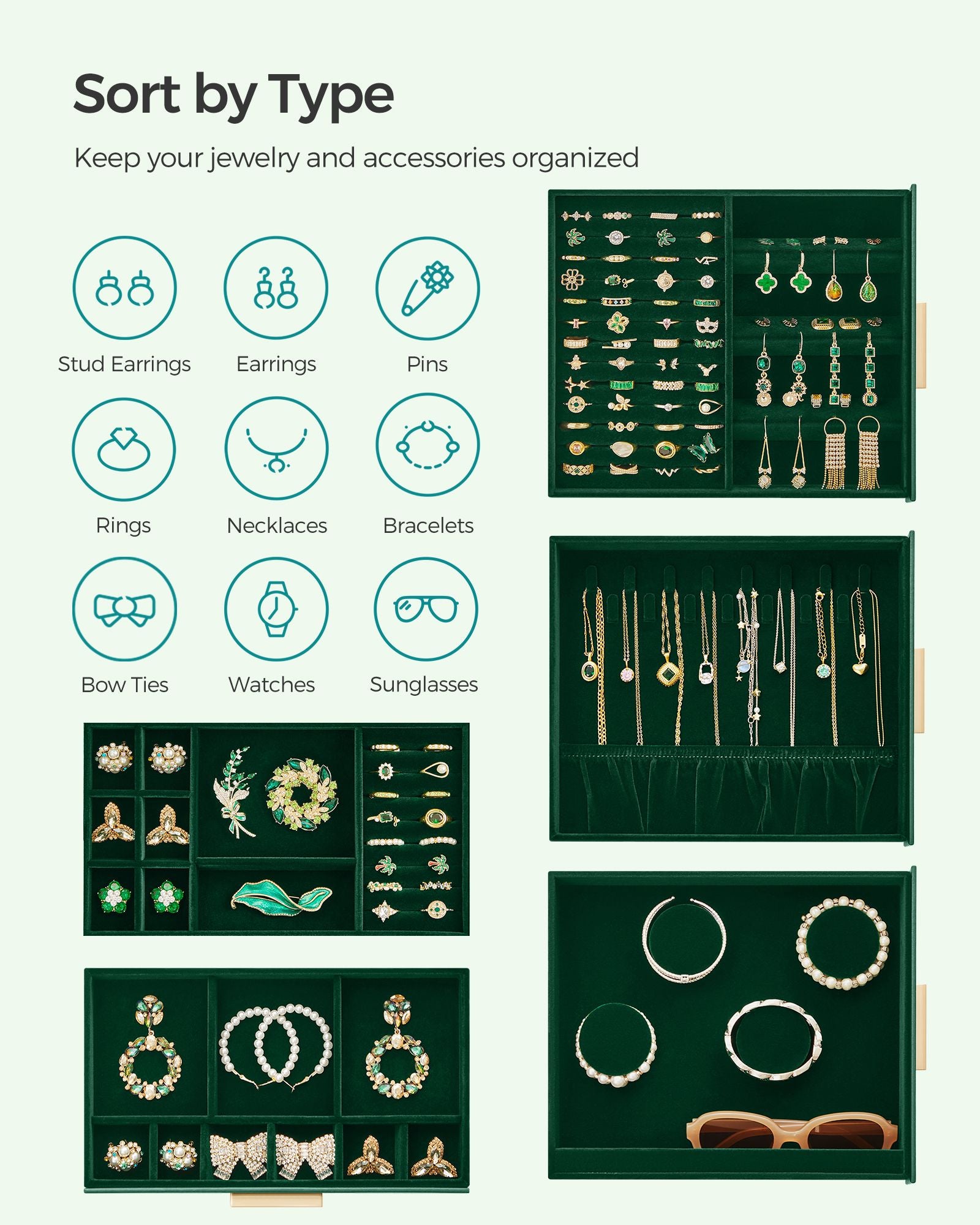 5-Layer Jewelry Organizer with 3 Side Drawers - Forest Green, Metallic Gold