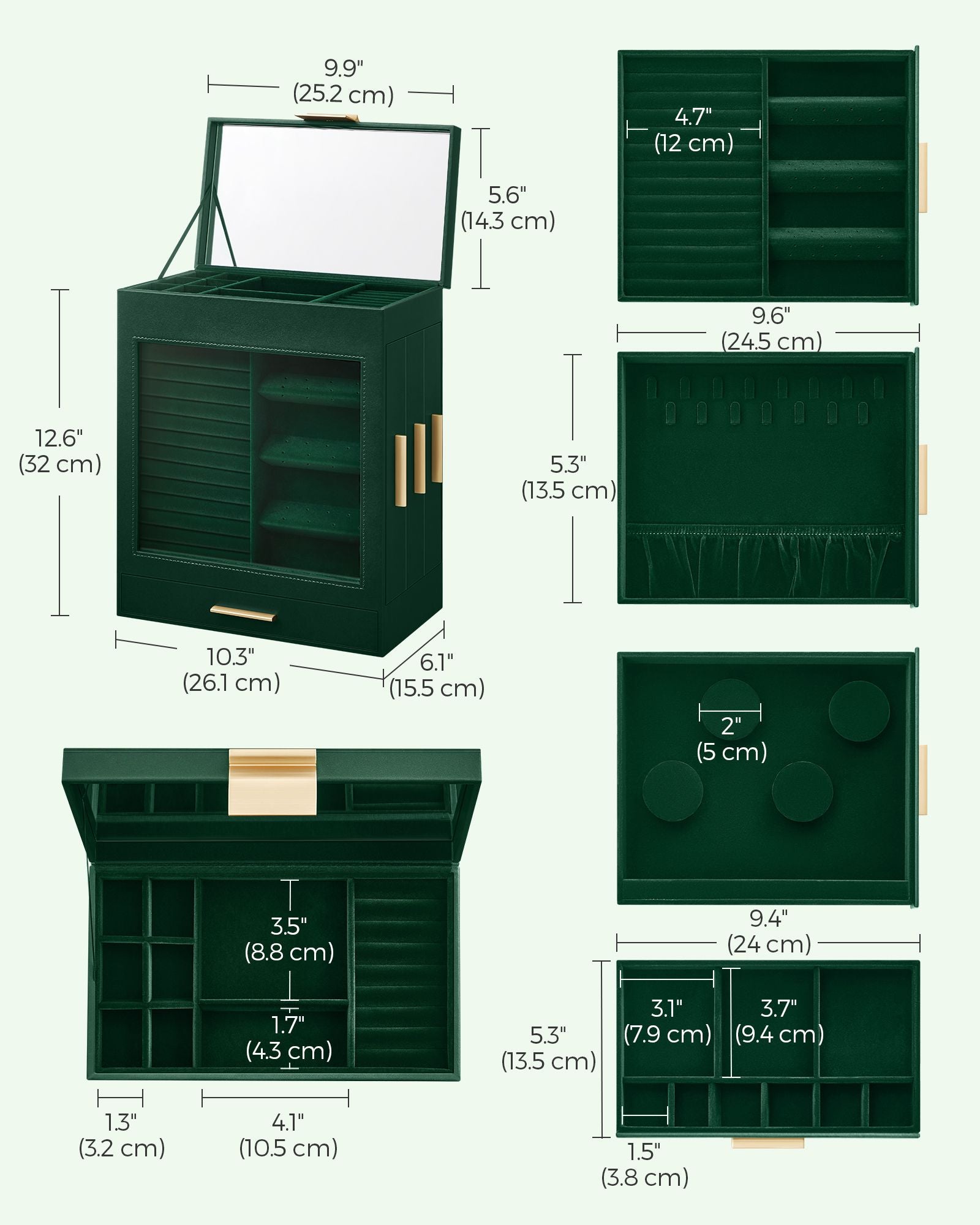5-Layer Jewelry Organizer with 3 Side Drawers - Forest Green, Metallic Gold
