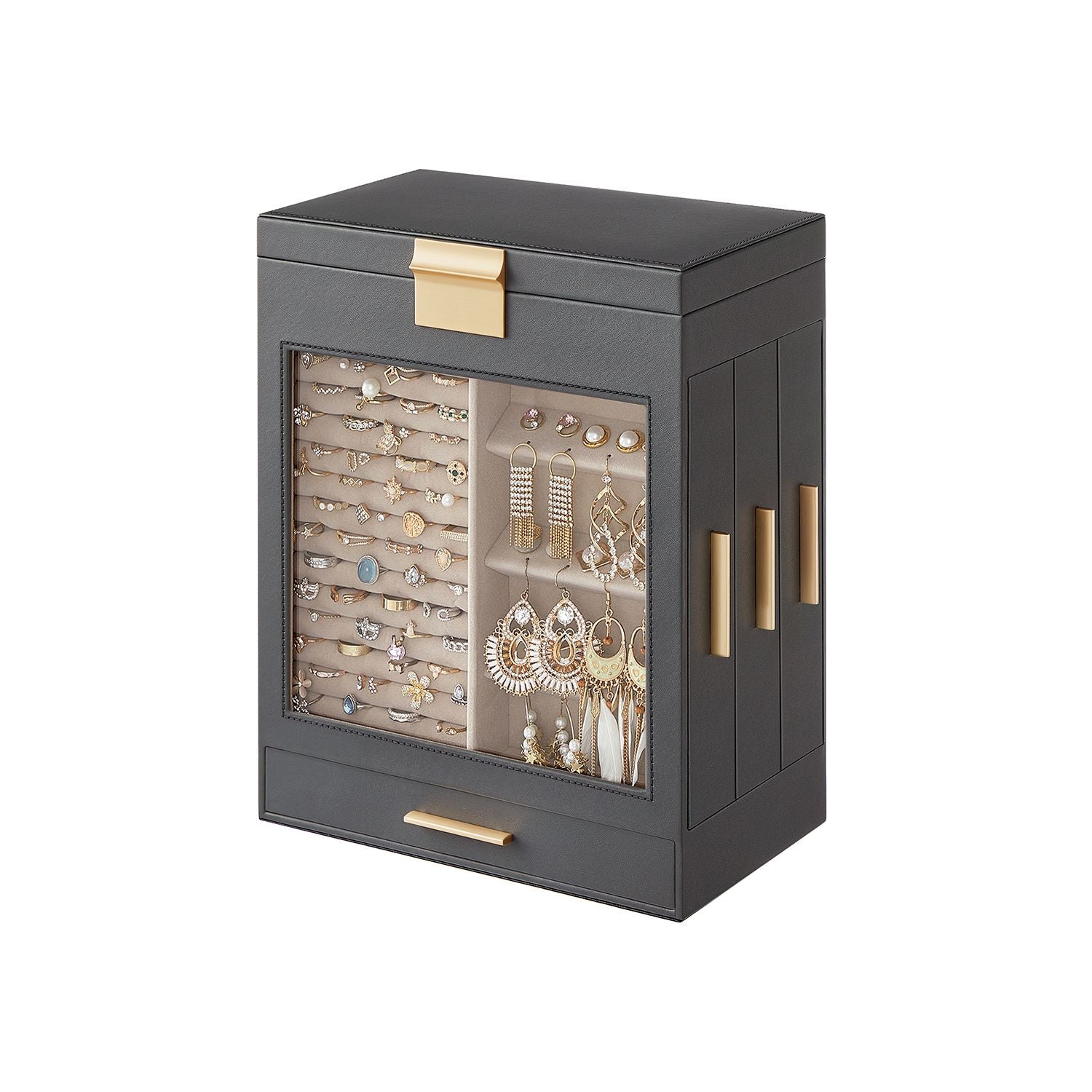 5-Layer Jewelry Organizer with 3 Side Drawers - Slate Gray, Metallic Gold