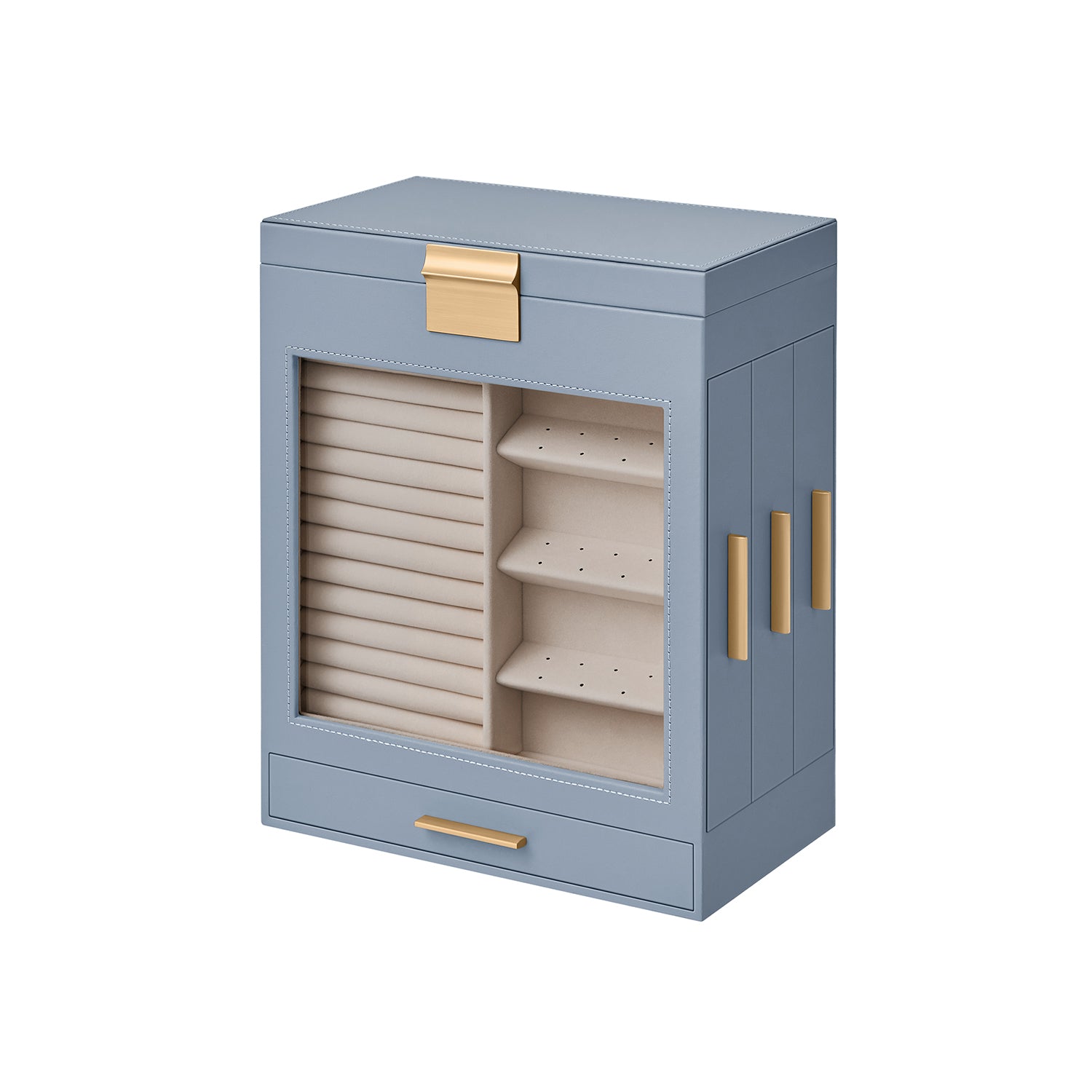 5-Layer Jewelry Organizer with 3 Side Drawers - Smoky Blue, Metallic Gold