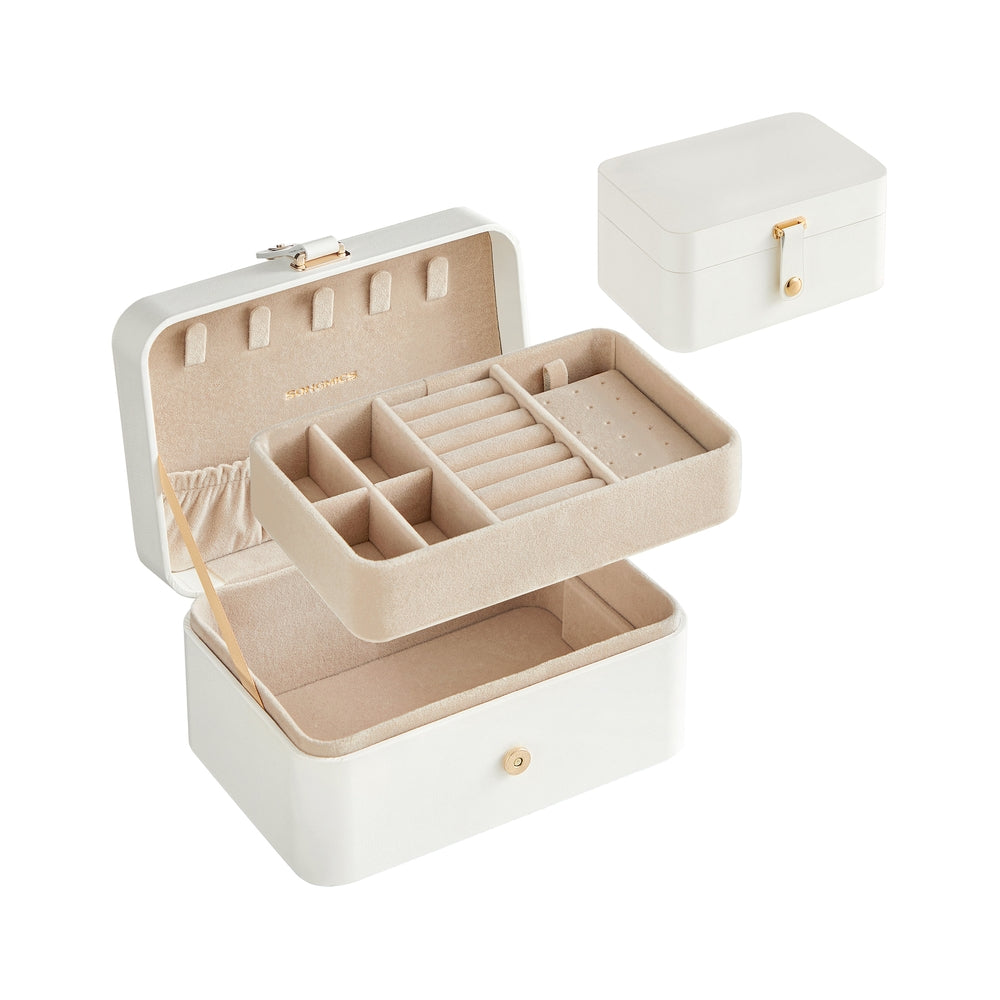 2-Layer Travel Jewelry Box - Secure Storage - Compact - White