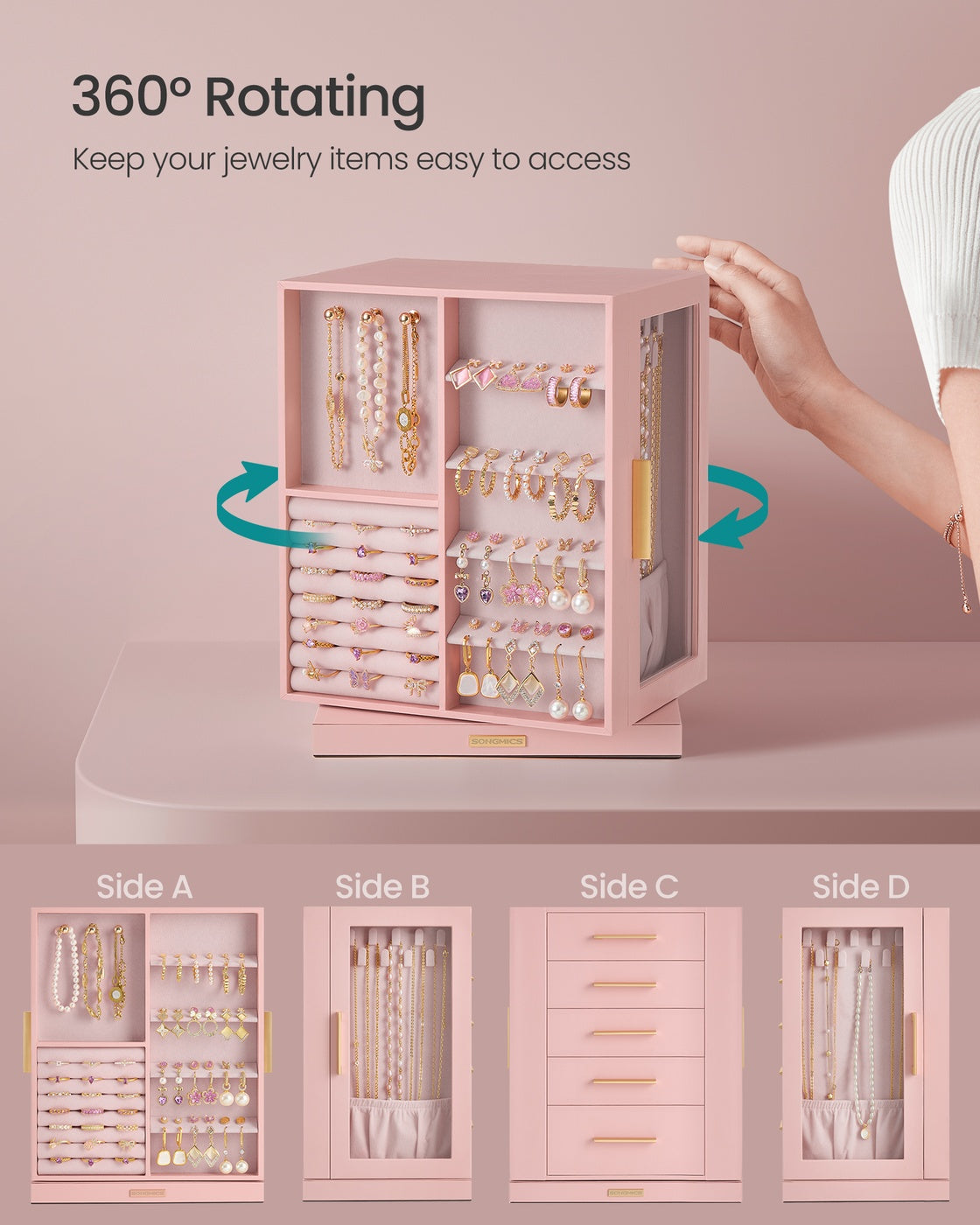 Jewelry Box 360° Rotating - Jewelry Storage Case with 5 Drawers Jelly Pink