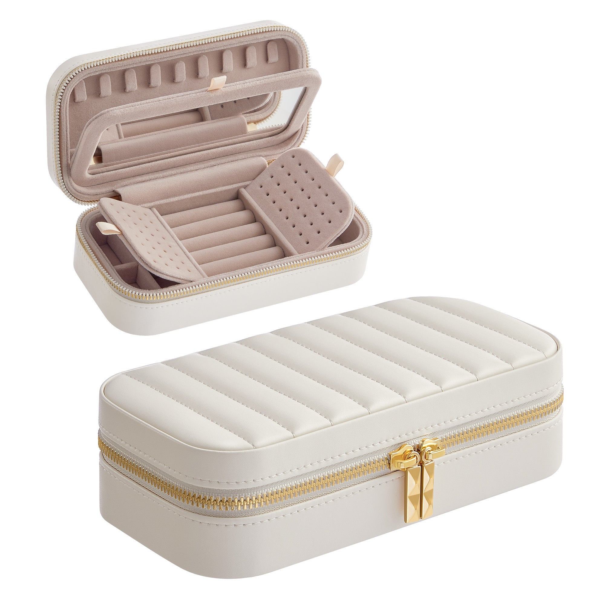 Travel Jewelry Case - With Mirror - PU Leather - Compact - White