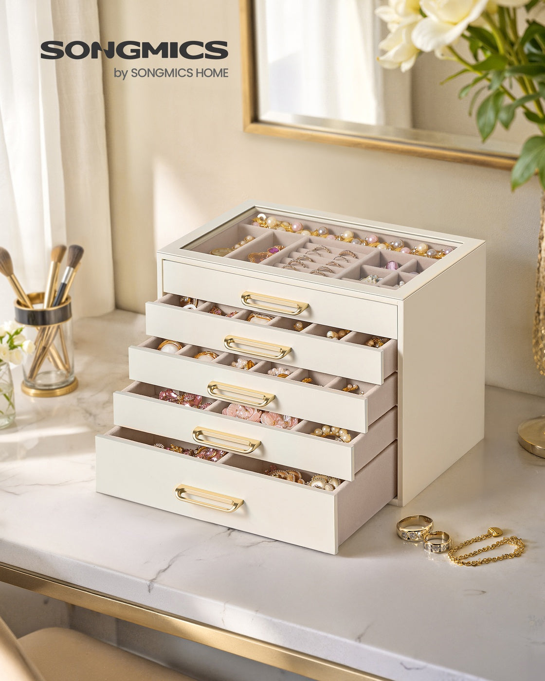 Jewelry Box - 5-Layer - Glass Window - Golden Handles