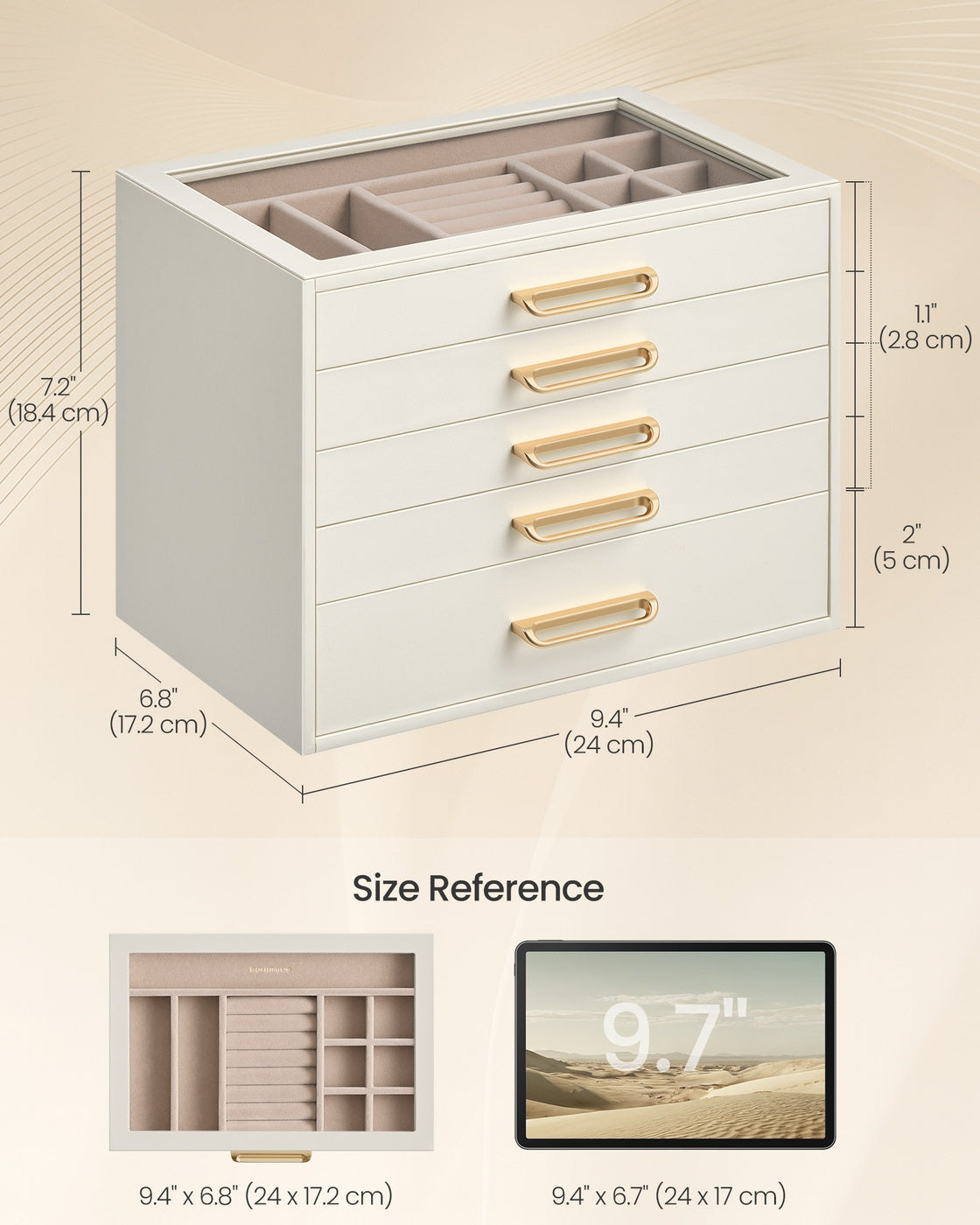 Jewelry Box - 5-Layer - Glass Window - Golden Handles