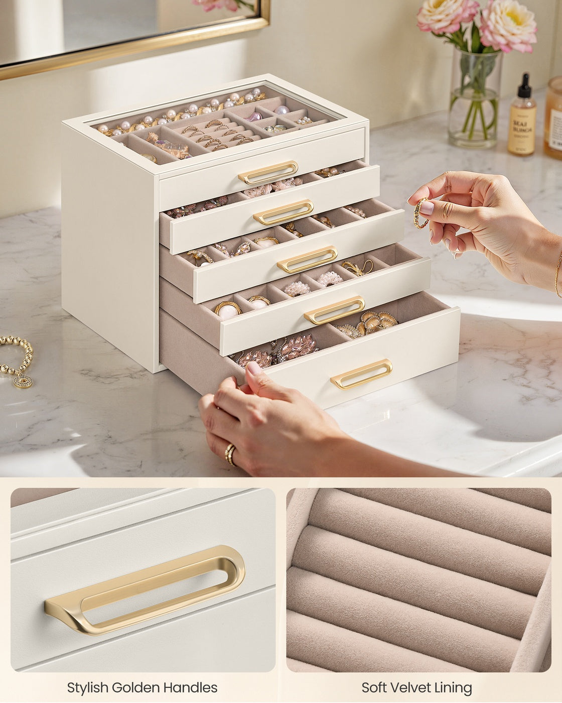 Jewelry Box - 5-Layer - Glass Window - Golden Handles