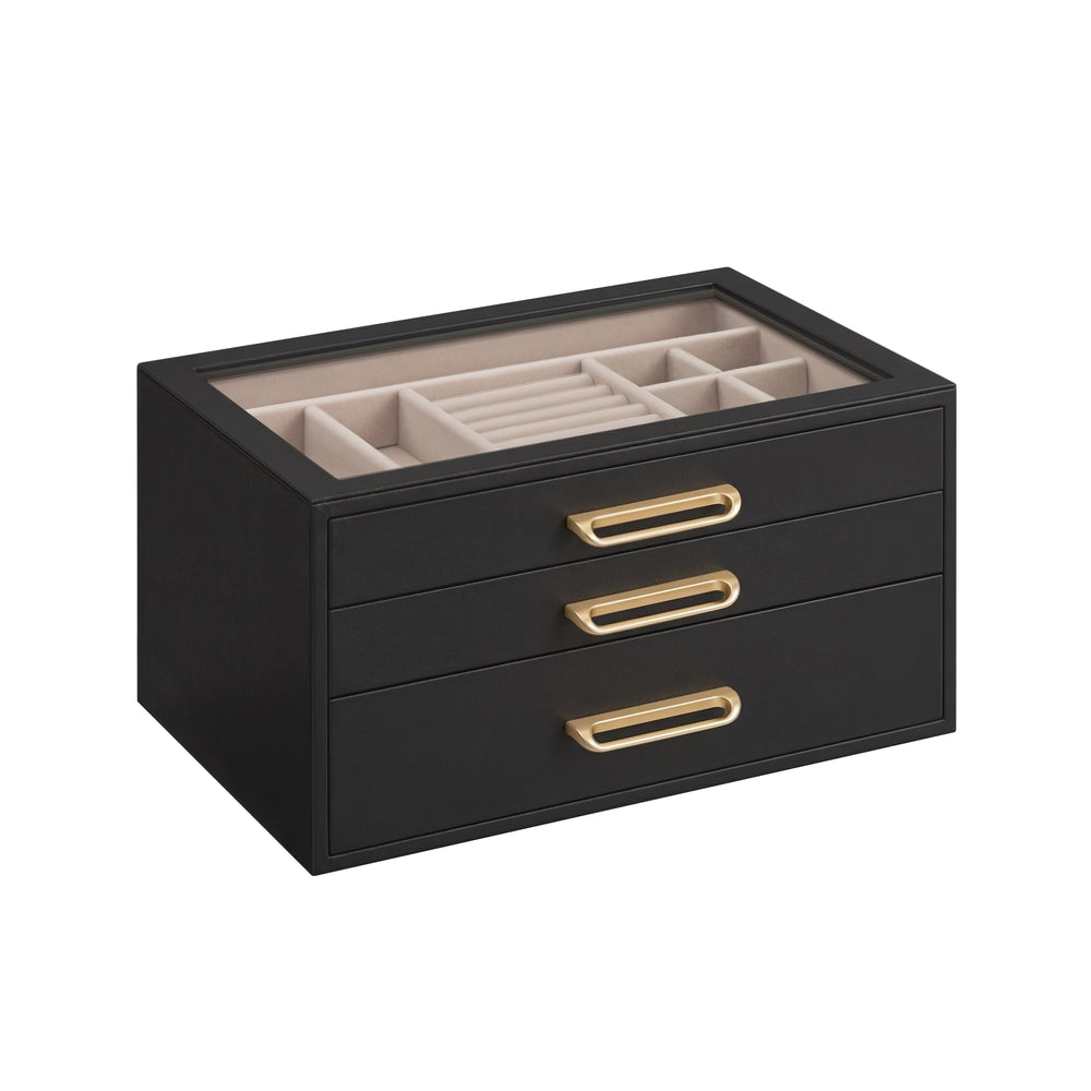 3-Layer Jewelry Box with Glass Window - Black