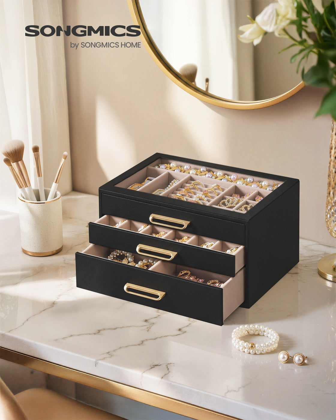 3-Layer Jewelry Box with Glass Window - Black