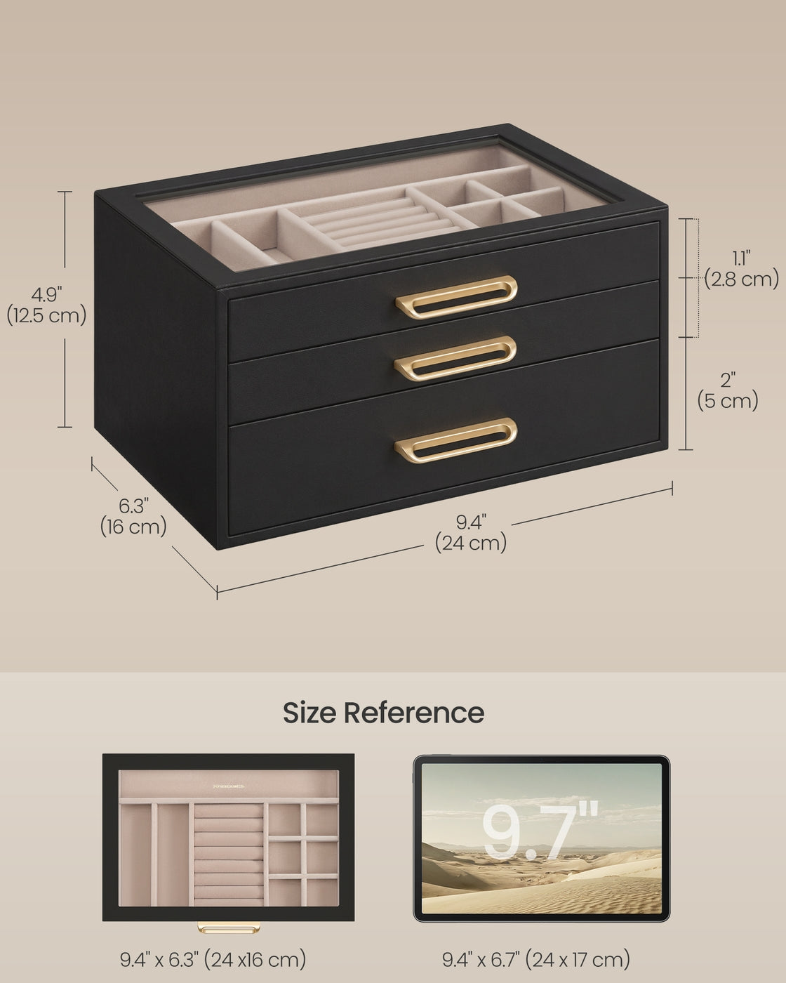 3-Layer Jewelry Box with Glass Window - Black