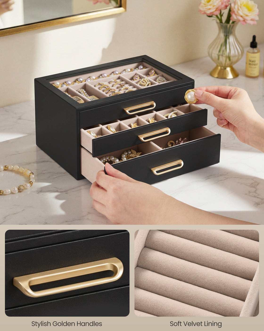 3-Layer Jewelry Box with Glass Window - Black