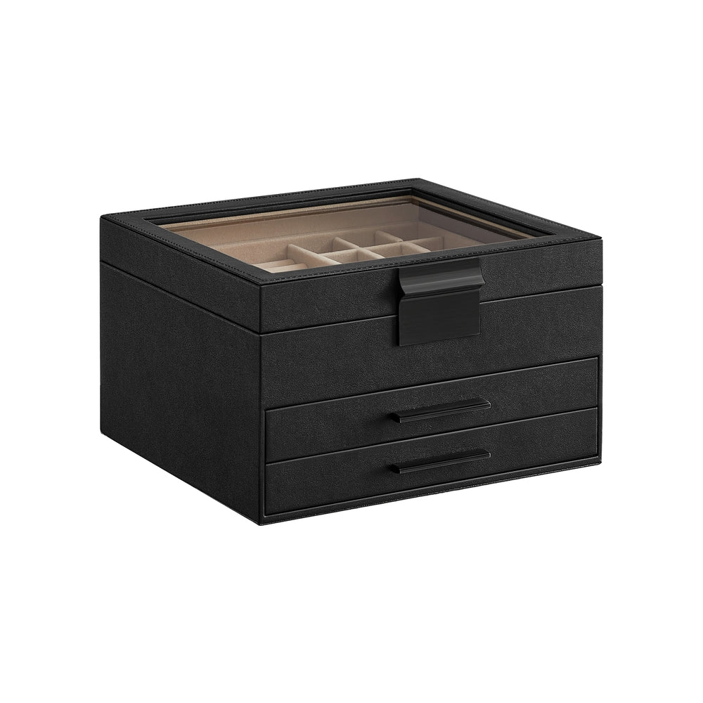 3-Layer Jewelry Box - Glass Lid - 2 Drawers - Velvet-Lined - Black + Silver