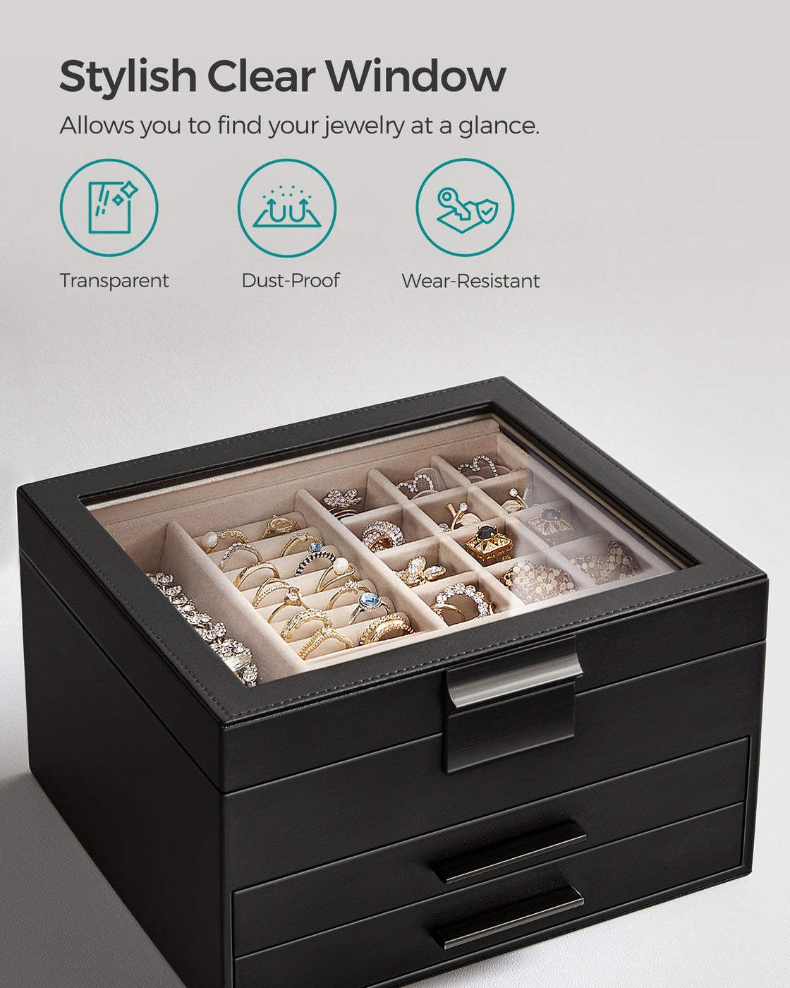 3-Layer Jewelry Box - Glass Lid - 2 Drawers - Velvet-Lined