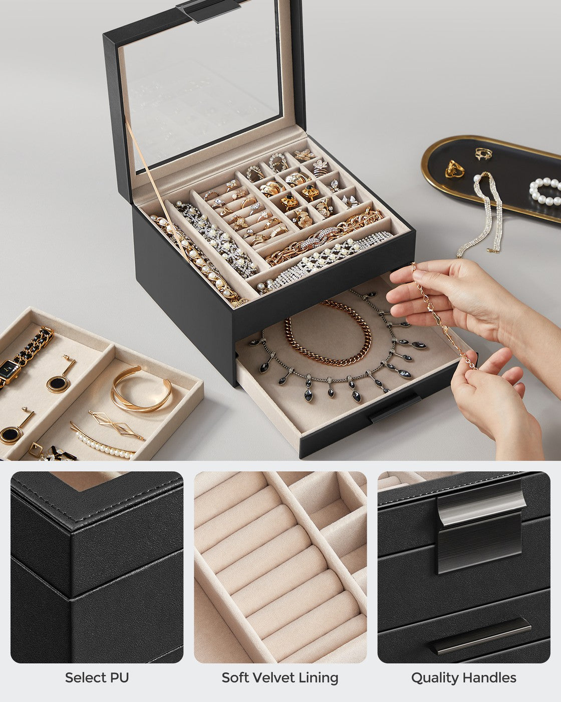 3-Layer Jewelry Box - Glass Lid - 2 Drawers - Velvet-Lined