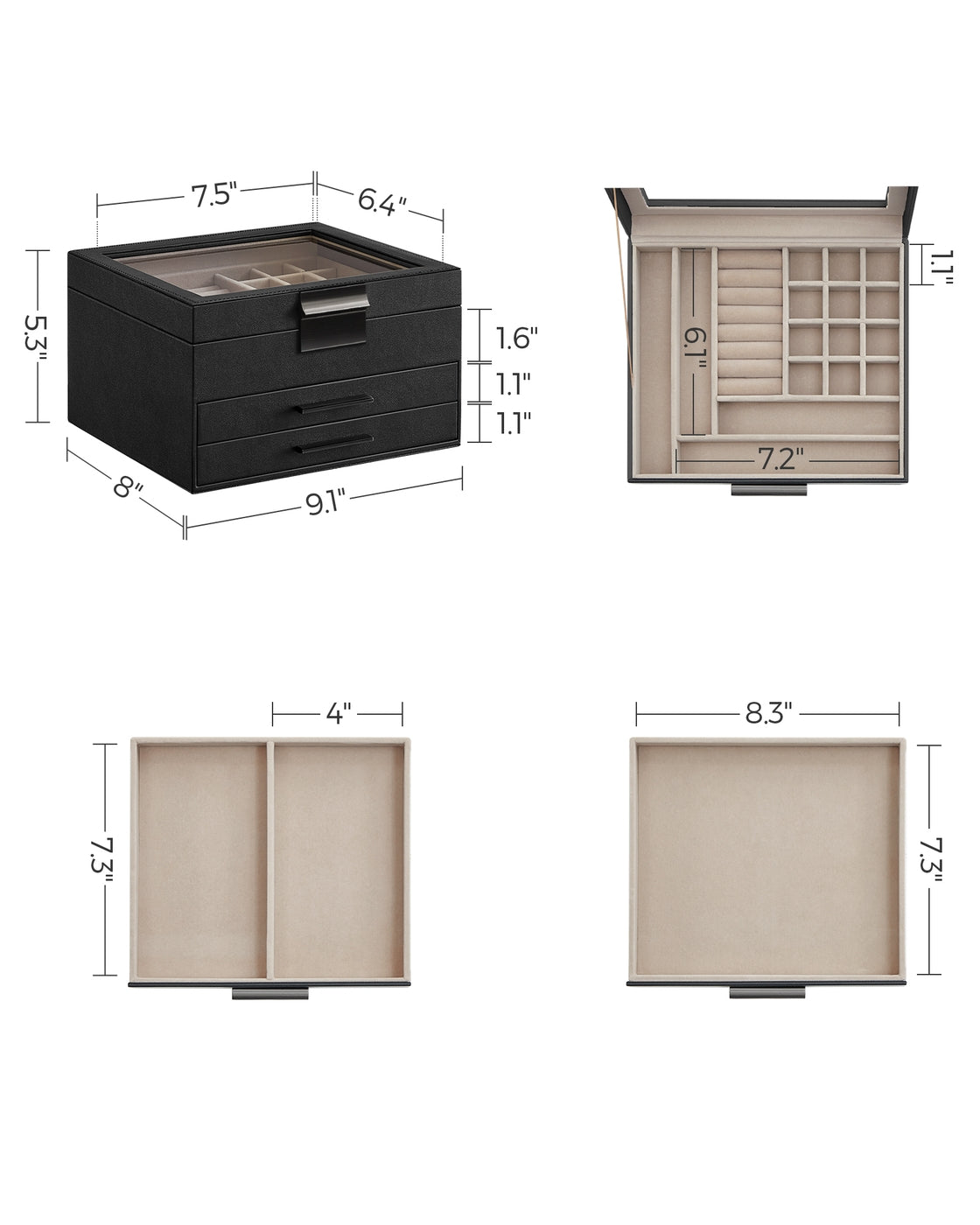 3-Layer Jewelry Box - Glass Lid - 2 Drawers - Velvet-Lined