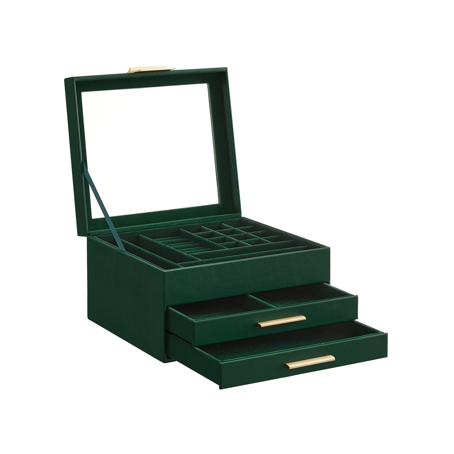 3-Layer Jewelry Box - Glass Lid - 2 Drawers - Velvet-Lined - Green + Gold