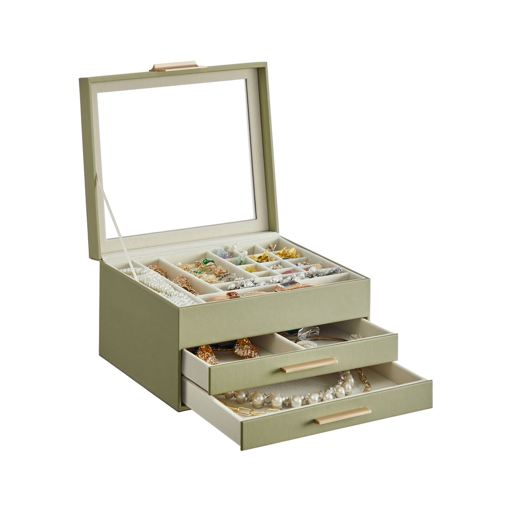 3-Layer Jewelry Box - Glass Lid - 2 Drawers - Velvet-Lined - Avocado Green + Gold