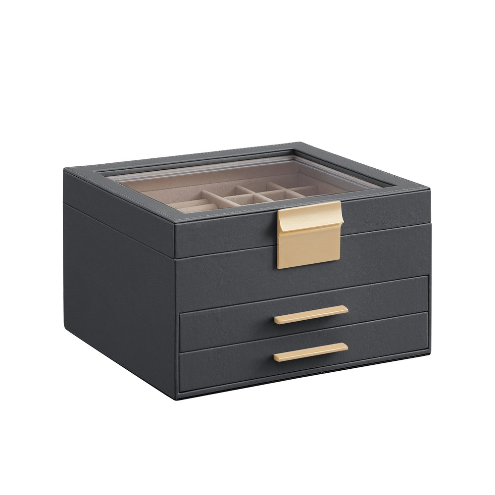 3-Layer Jewelry Box - Glass Lid - 2 Drawers - Velvet-Lined - Gray + Gold