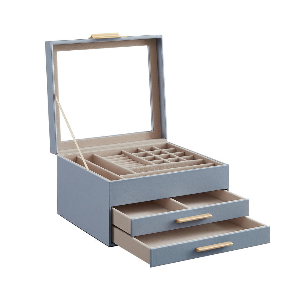3-Layer Jewelry Box - Glass Lid - 2 Drawers - Velvet-Lined - Blue + Gold