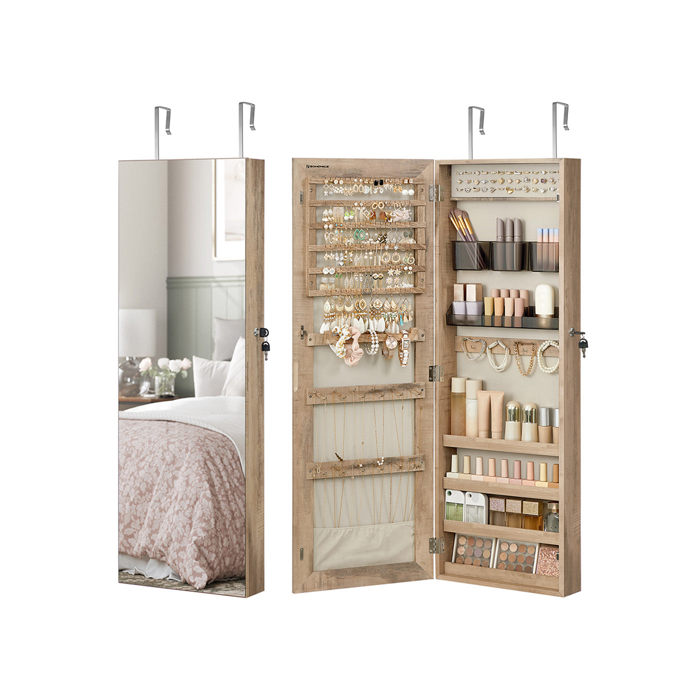 White Wall-Mounted Jewelry Armoire with Mirror - Natural Oak