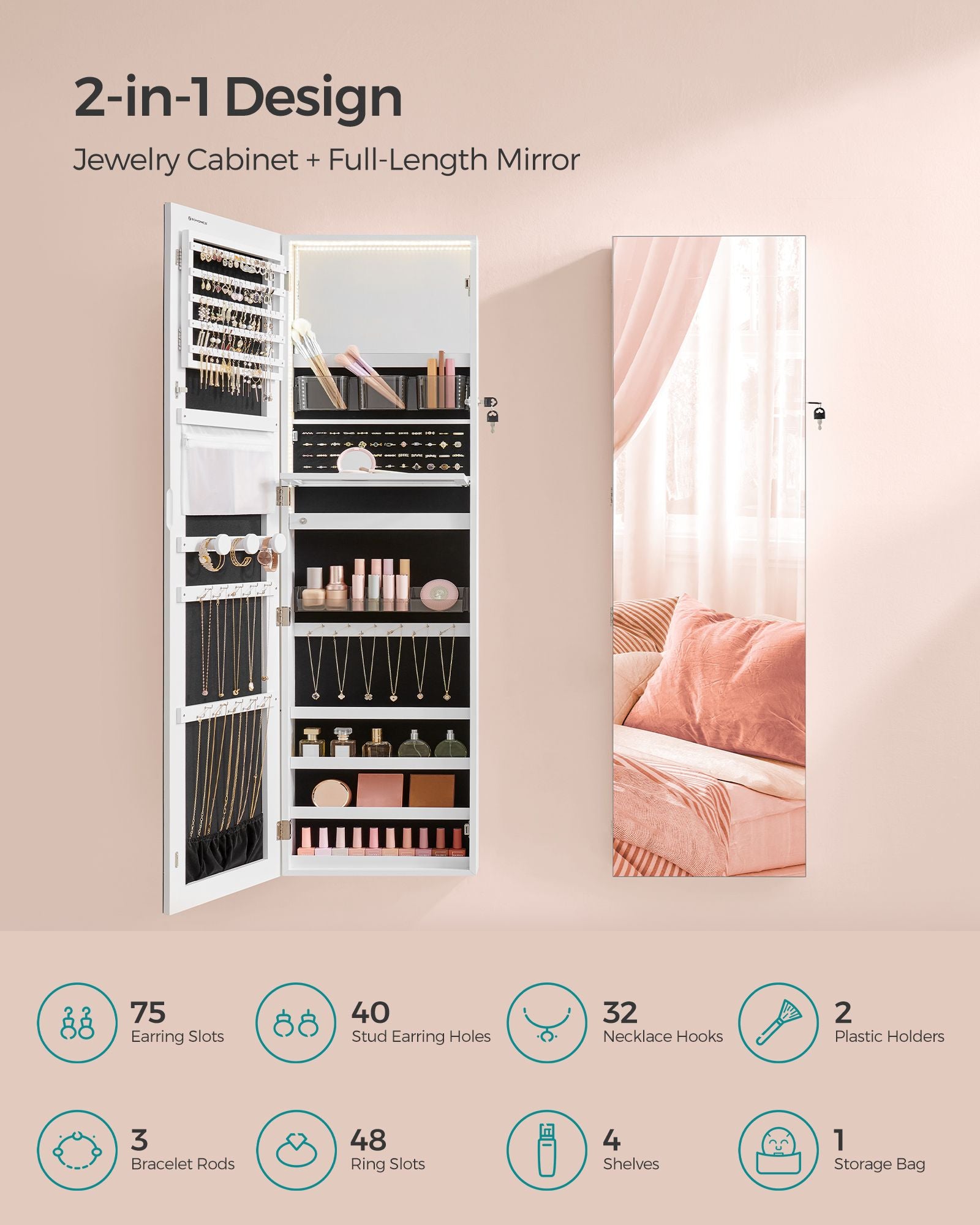 55 Inches Tall Spacious Jewelry Cabinet