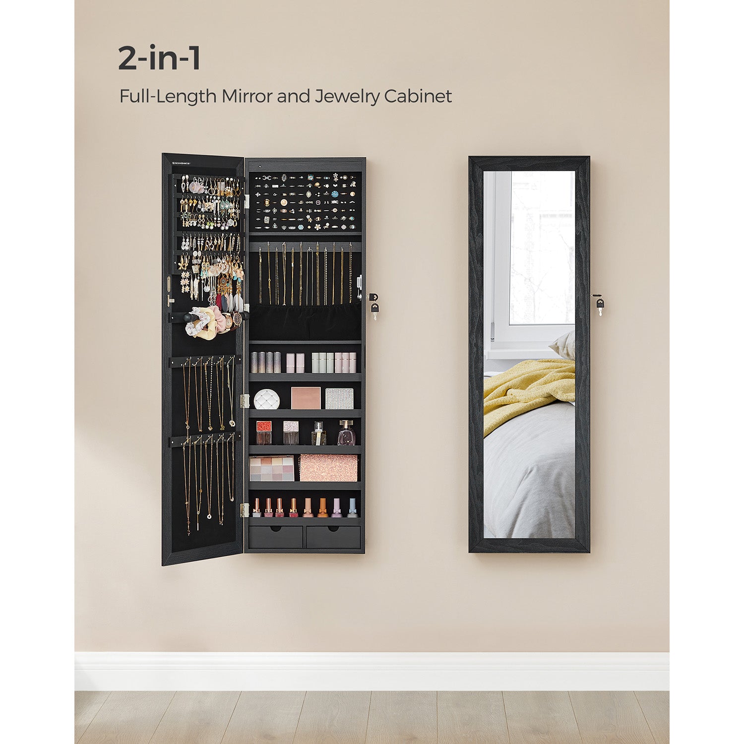 Lockable Wall or Door Mounted Jewelry Armoire Organizer with Mirror - Black