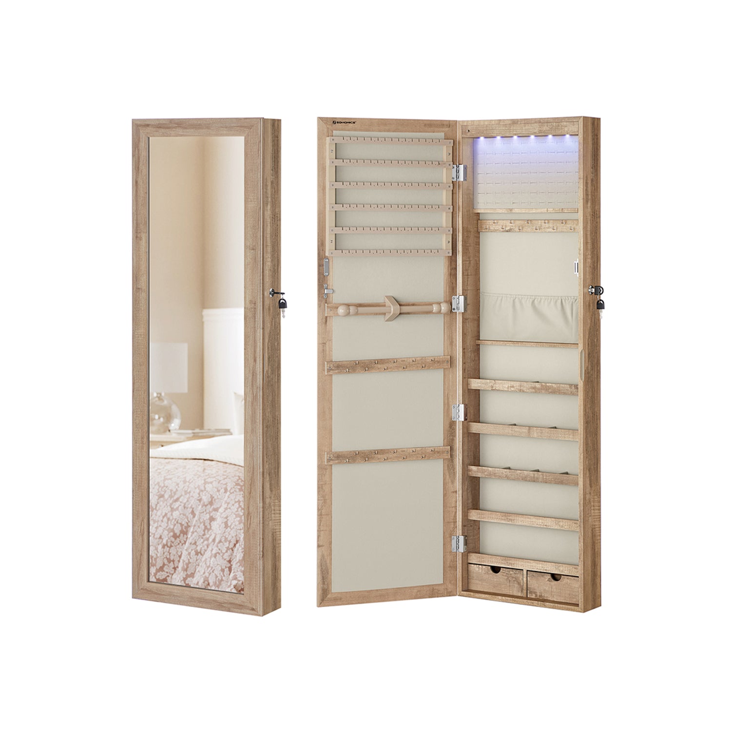 Lockable Wall or Door Mounted Jewelry Armoire Organizer with Mirror - Toasted Oak