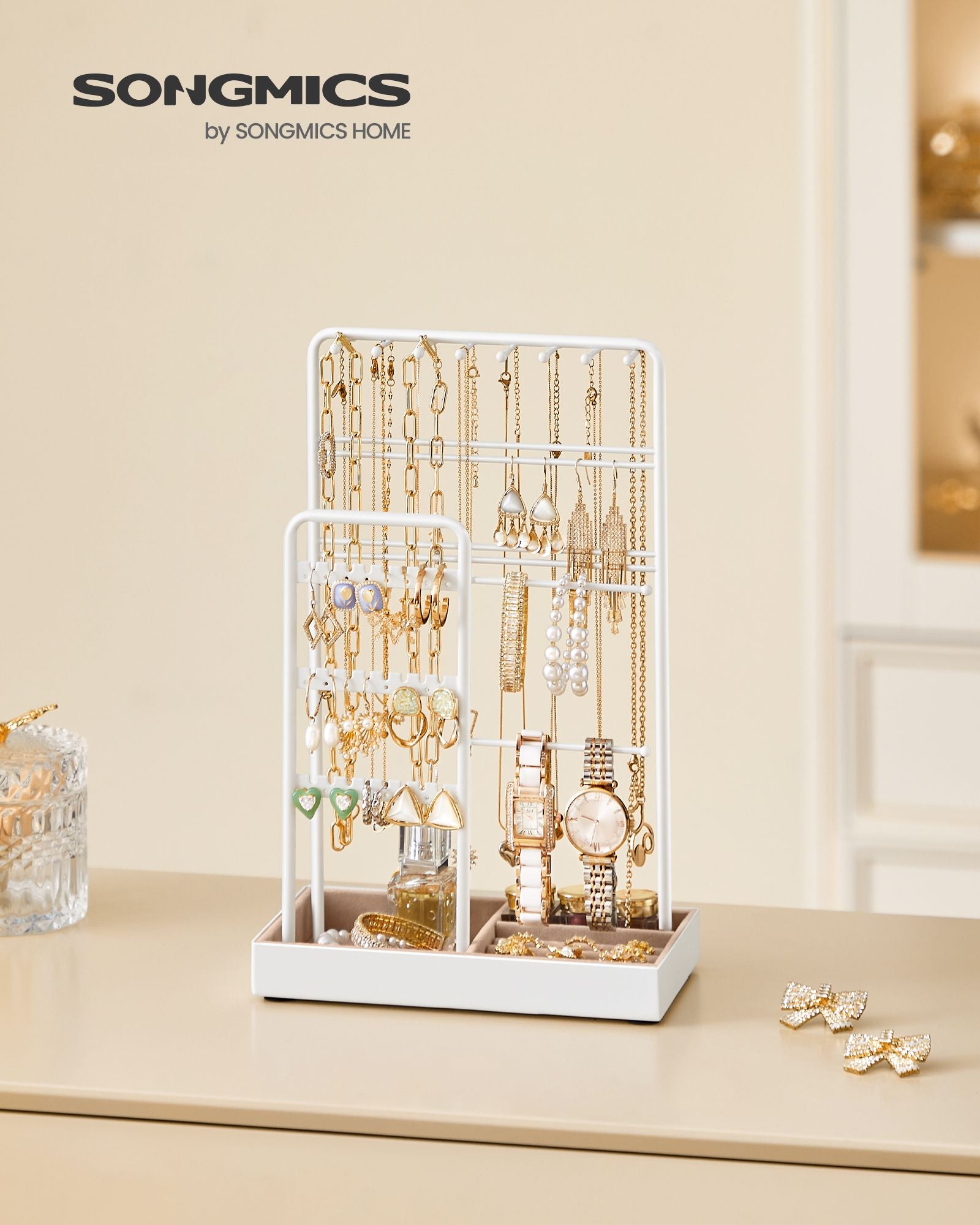 Jewelry Holder - Metal Frame With Velvet Tray - Standing Organizer
