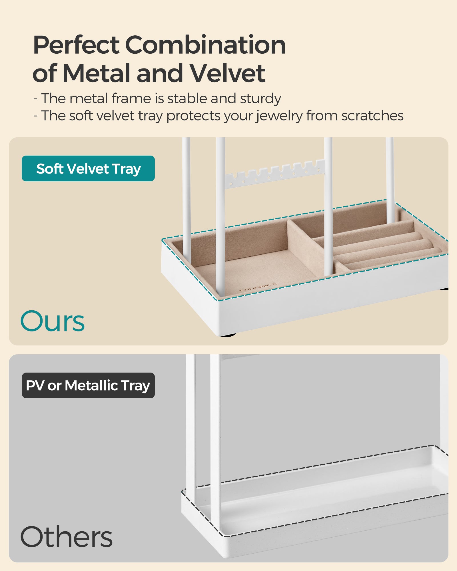 Jewelry Holder - Metal Frame With Velvet Tray - Standing Organizer