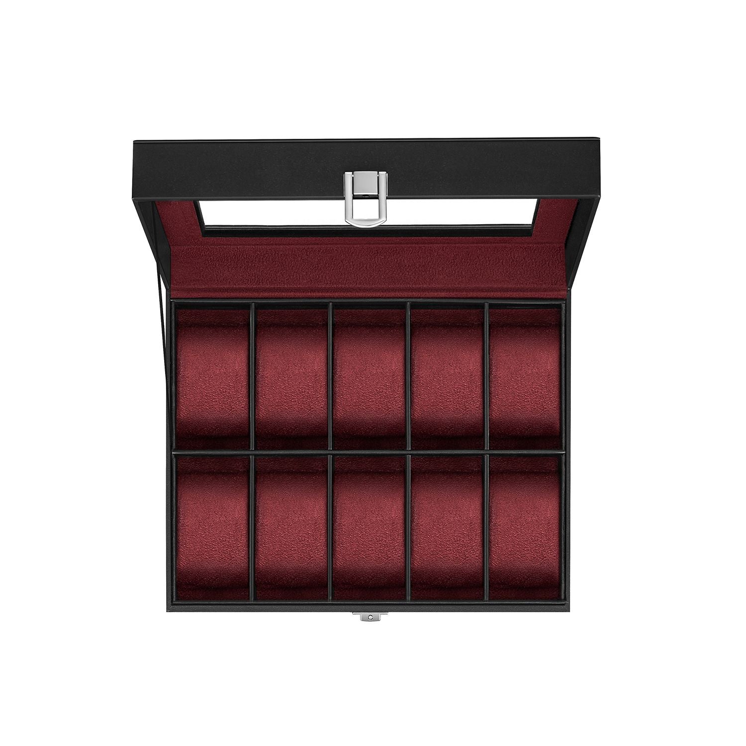 10-Slot Watch Case with Large Glass Lid - Black Synthetic Leather, Wine Red Lining