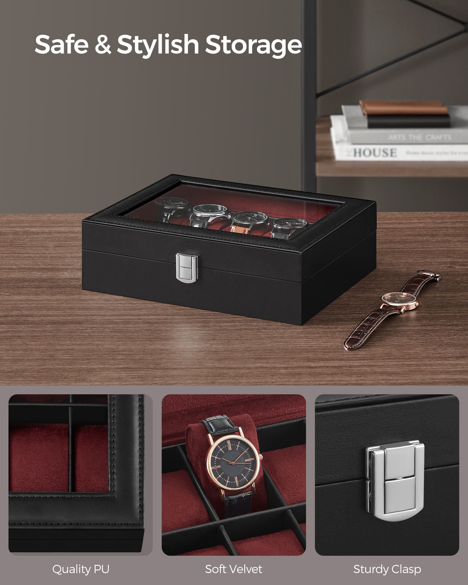 10-Slot Watch Case with Large Glass Lid - Black Synthetic Leather, Wine Red Lining