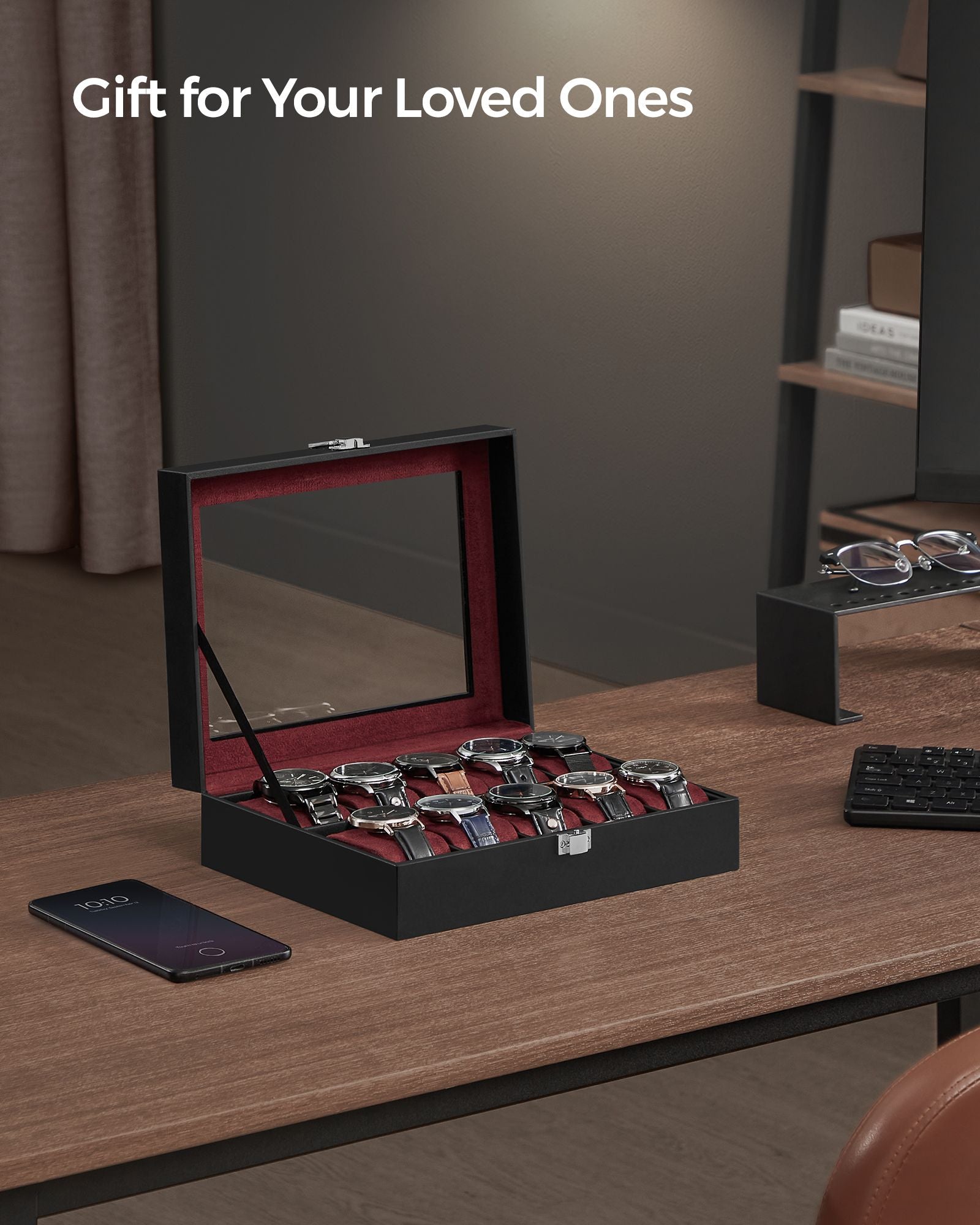 10-Slot Watch Case with Large Glass Lid - Black Synthetic Leather, Wine Red Lining