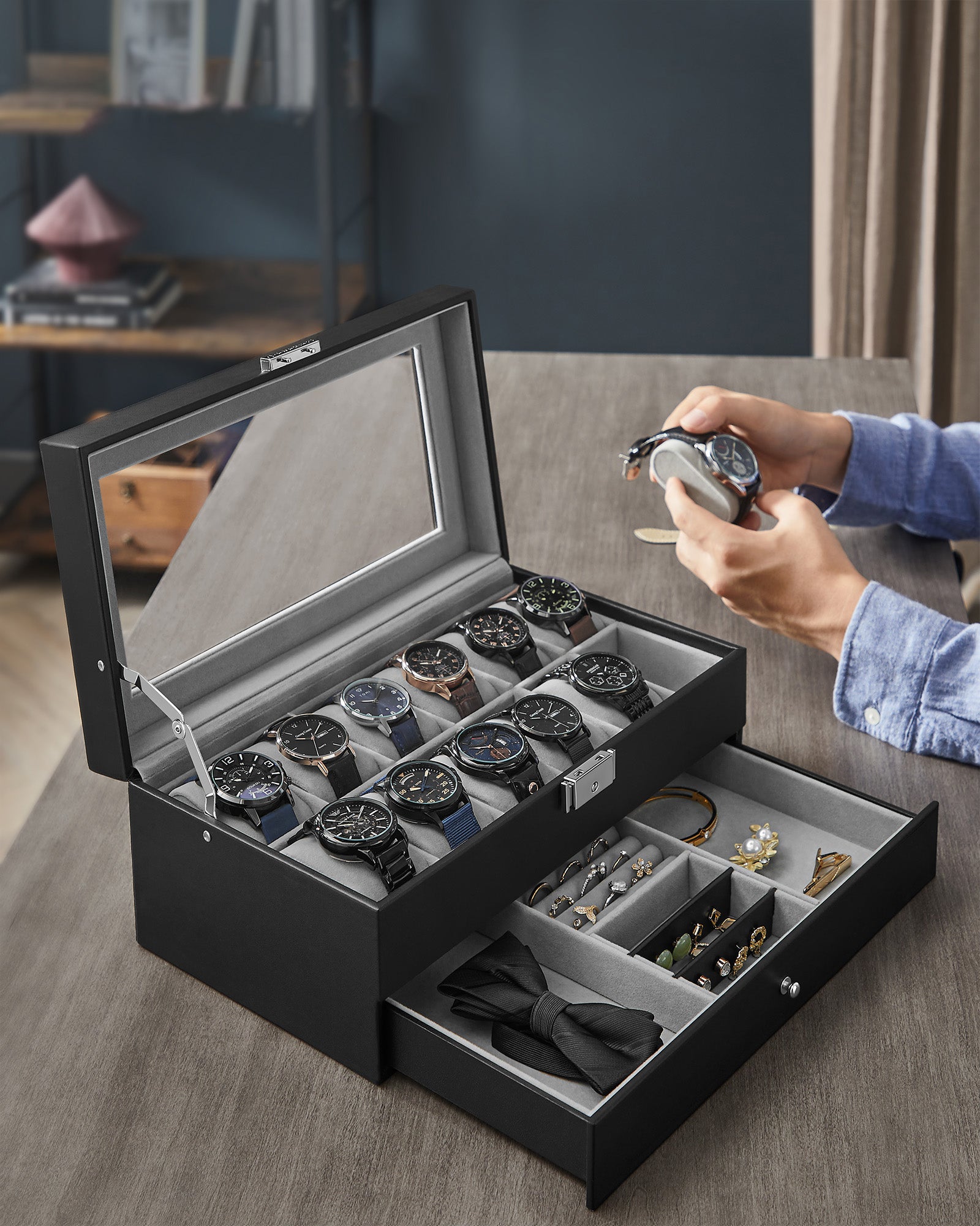 12-Slot Watch Box with Glass Lid - Black Synthetic Leather, Gray Lining