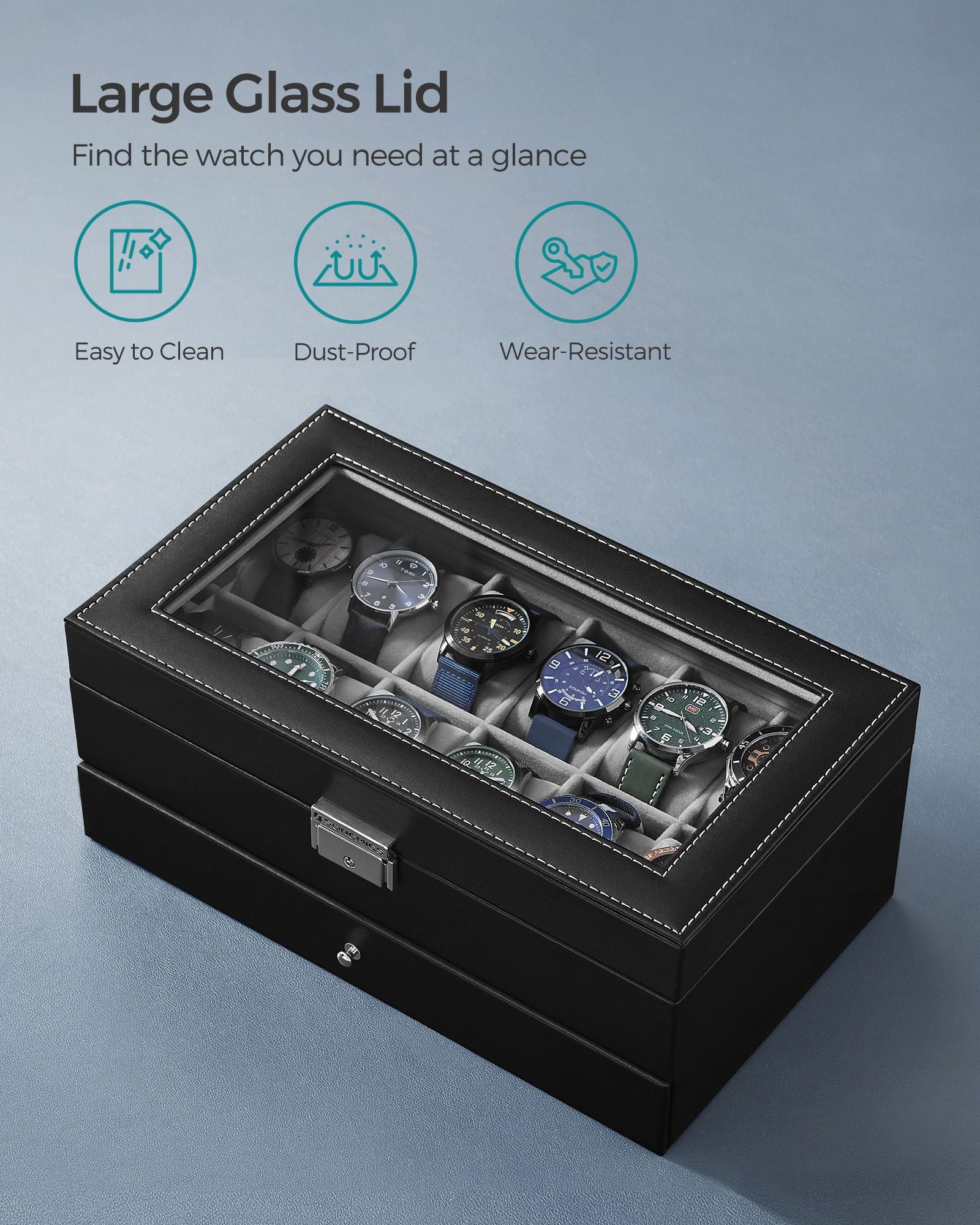 12-Slot Watch Box with Glass Lid - Black Synthetic Leather, Gray Lining