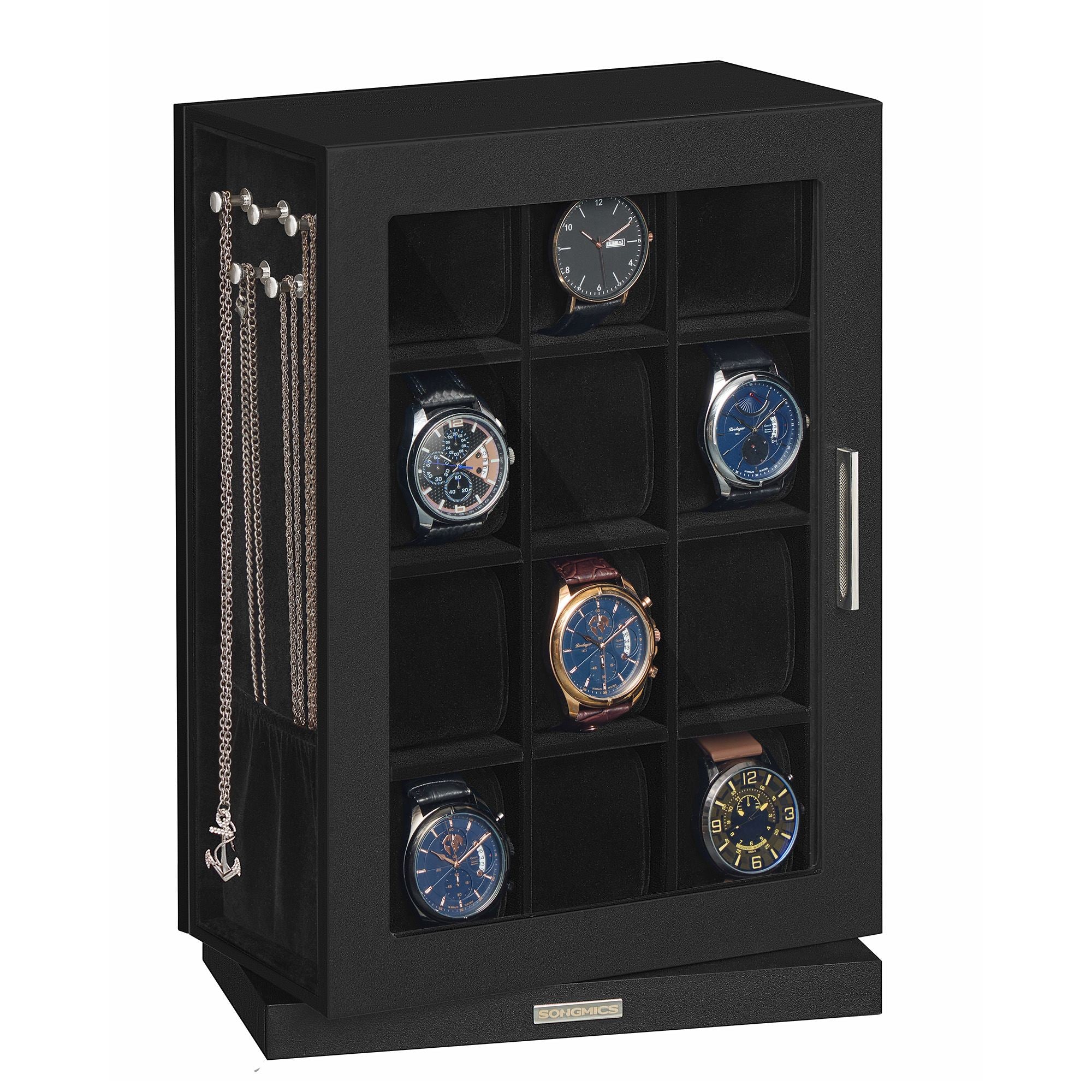 Watch Box 12 Slots with Glass Windows - 360° Rotating Vertical Watch Display Case