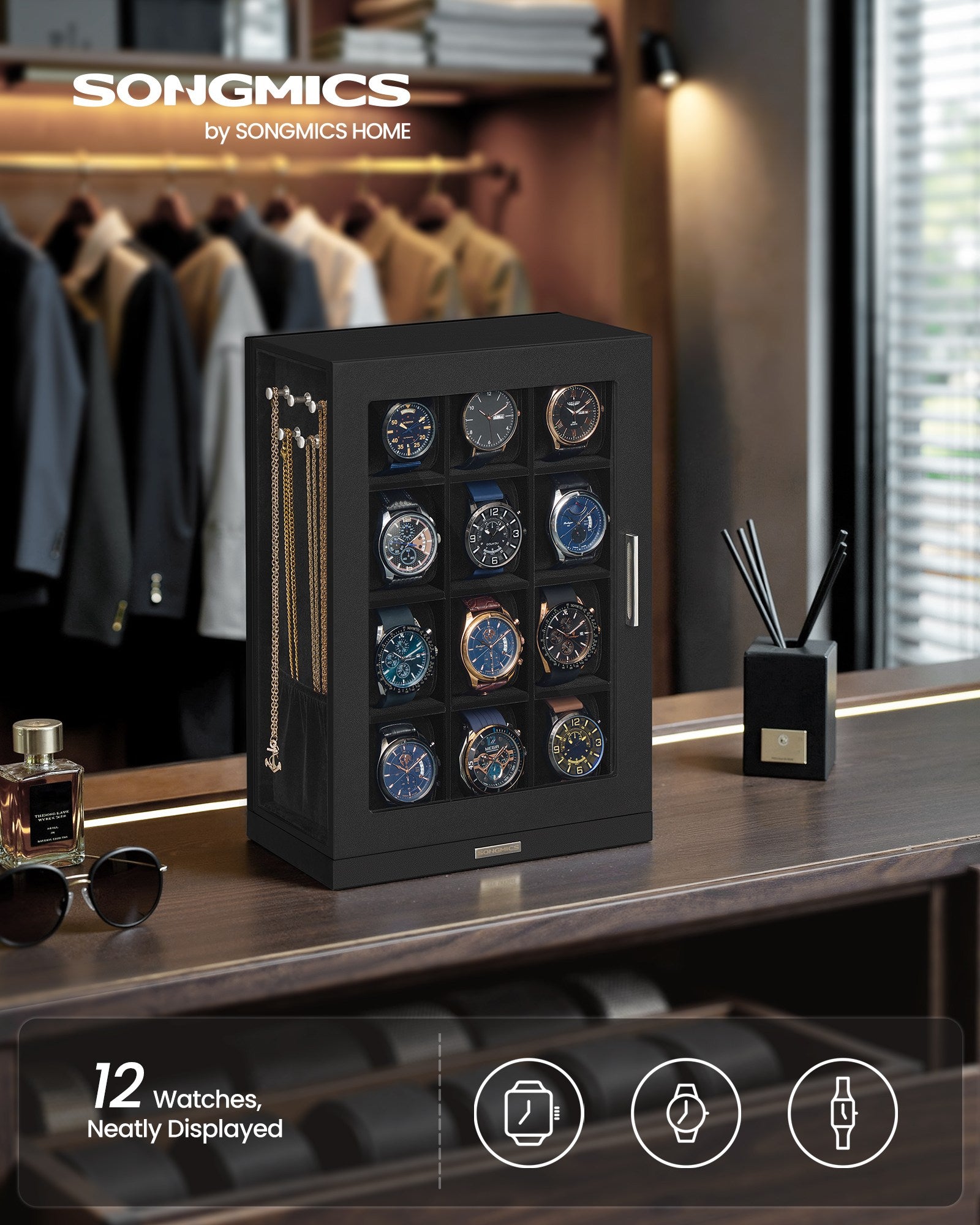 Watch Box 12 Slots with Glass Windows - 360° Rotating Vertical Watch Display Case