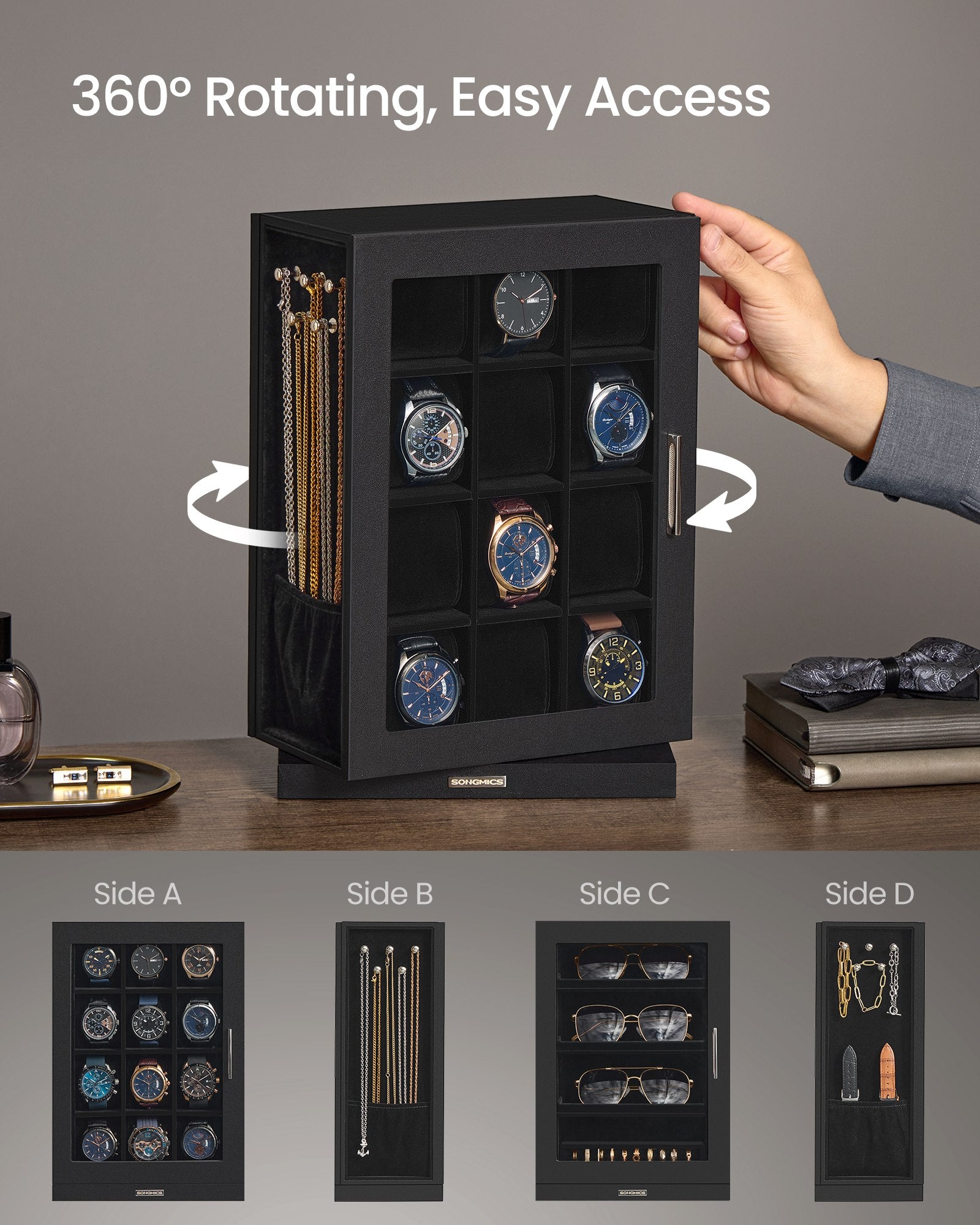 Watch Box 12 Slots with Glass Windows - 360° Rotating Vertical Watch Display Case