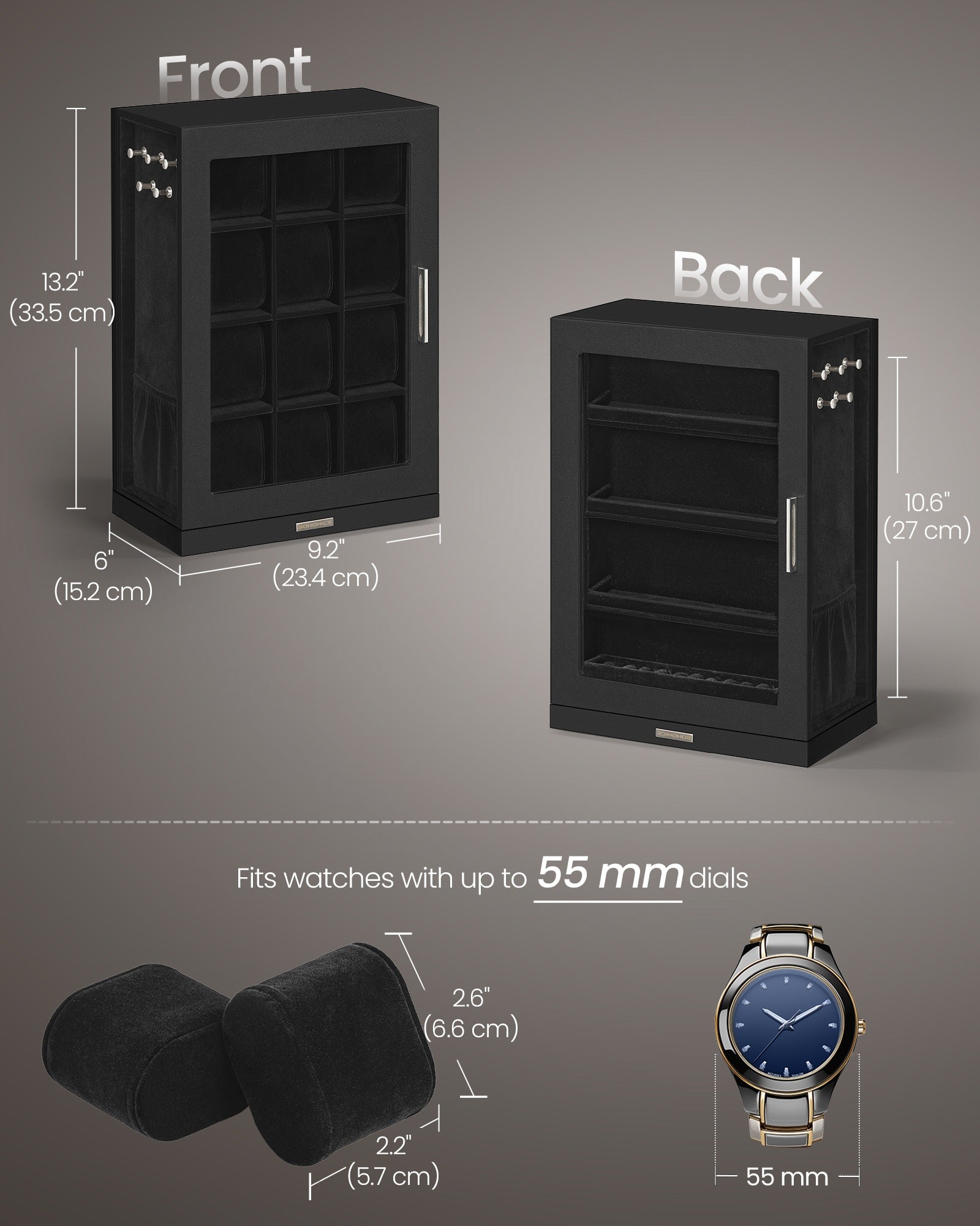 Watch Box 12 Slots with Glass Windows - 360° Rotating Vertical Watch Display Case