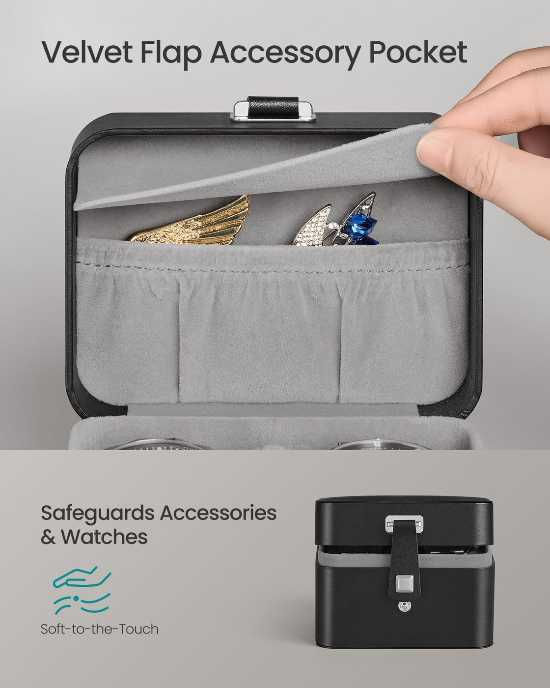 2 Watch Travel Case Pillow with Hidden Storage 4 x 4.7 x 3.3 Inches Dove Gray Lining - Ink Black Surface, Dove Gray Lining