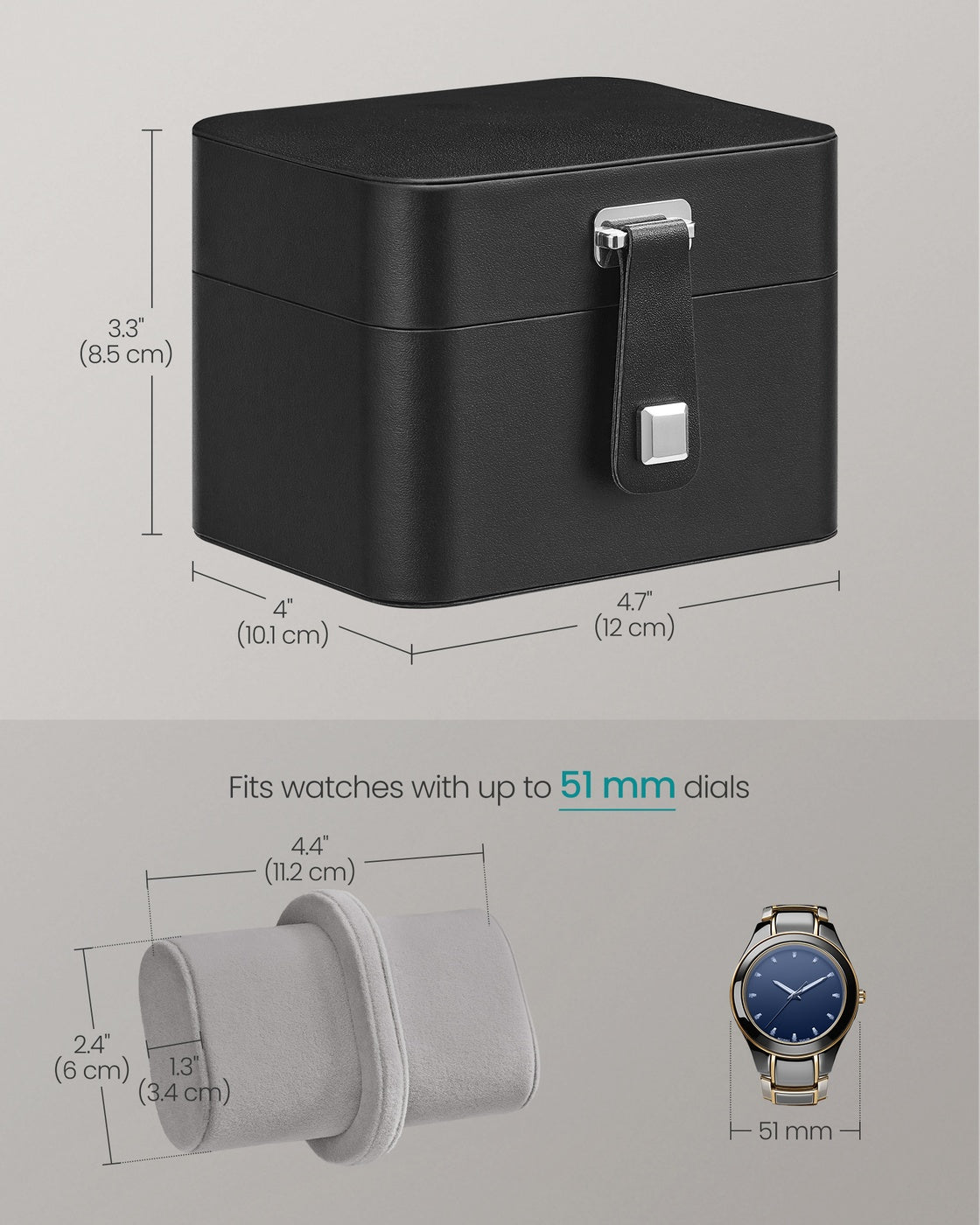 2 Watch Travel Case Pillow with Hidden Storage 4 x 4.7 x 3.3 Inches Dove Gray Lining - Ink Black Surface, Dove Gray Lining