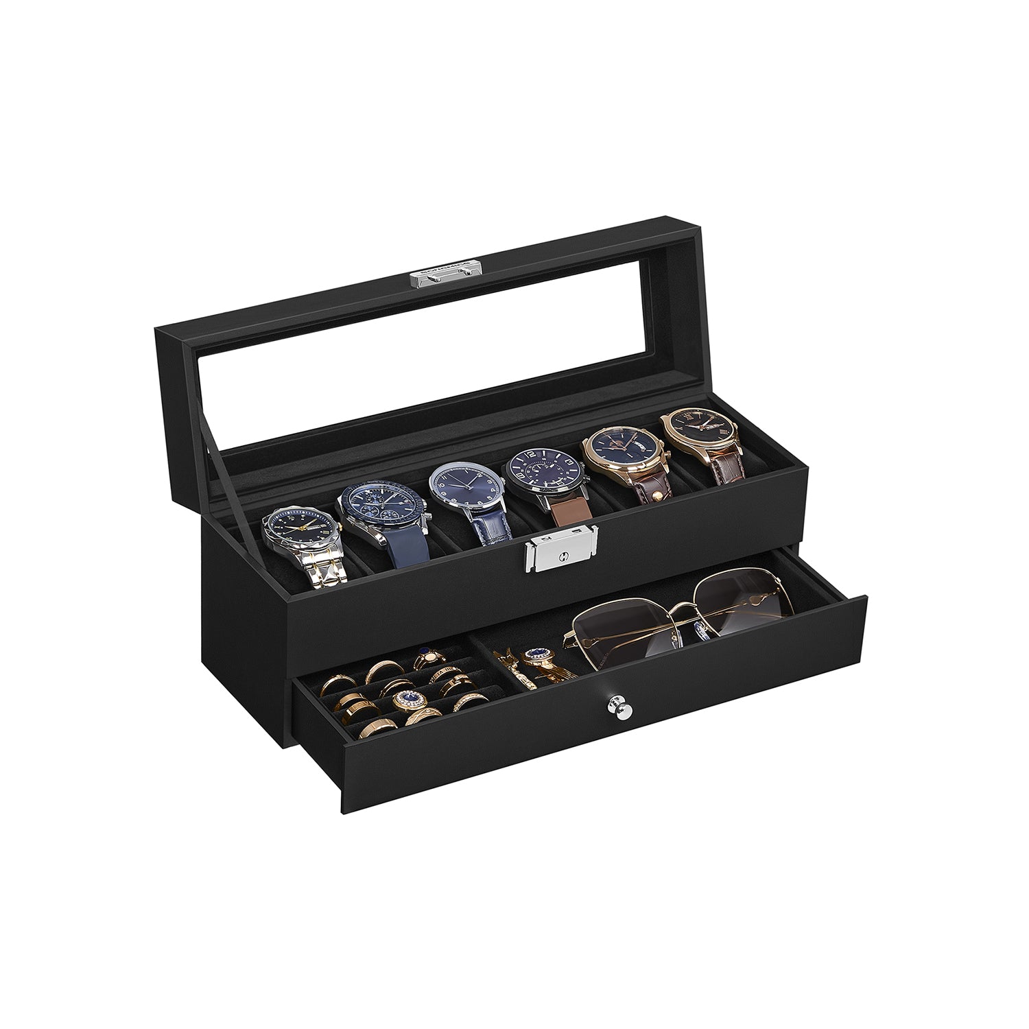 12-Slot Watch Box with Glass Lid - Black Synthetic Leather, Black Lining - 3.9"D x 12.8"W x 5.3"H