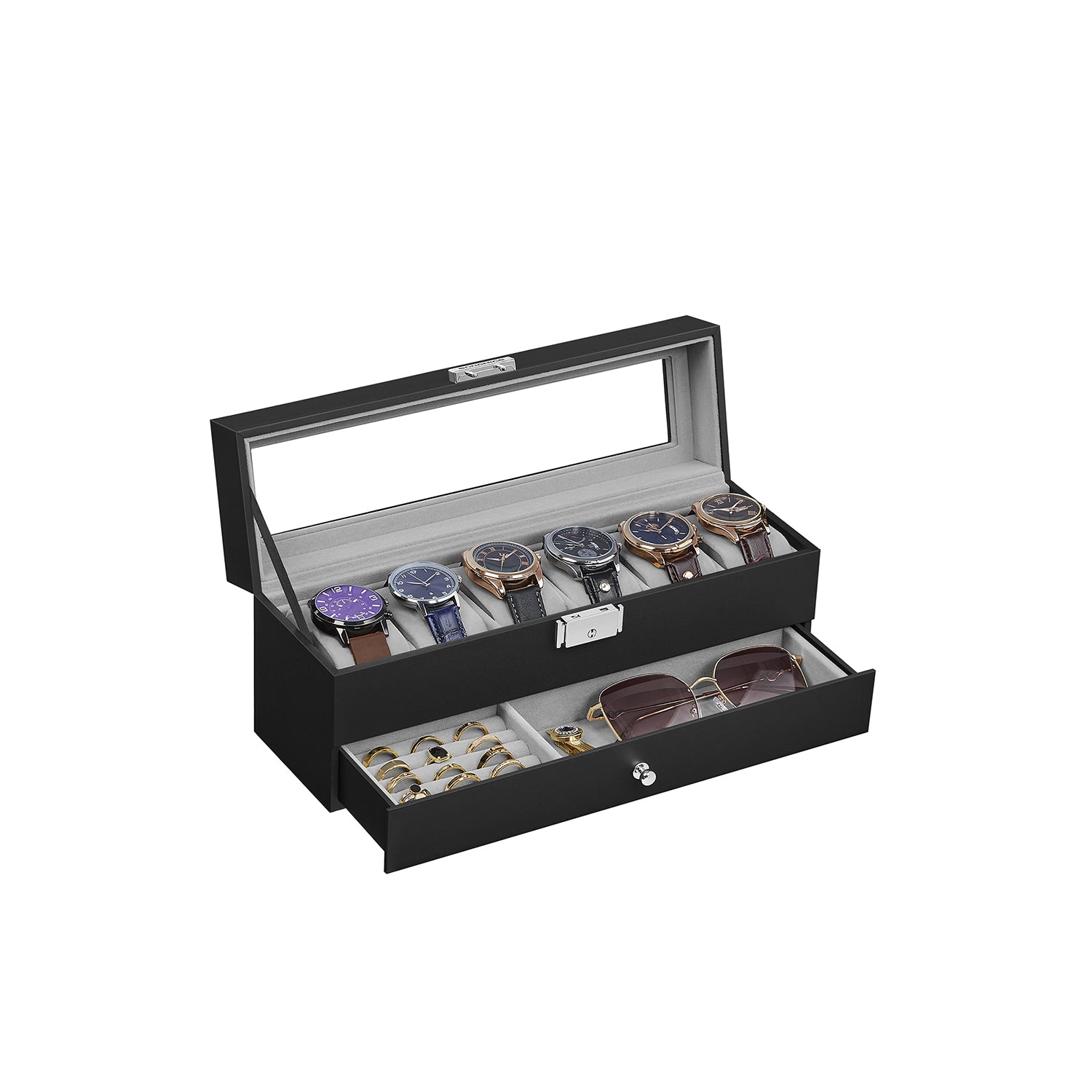 12-Slot Watch Box with Glass Lid - Black Synthetic Leather, Gray Lining - 3.9"D x 12.8"W x 5.3"H