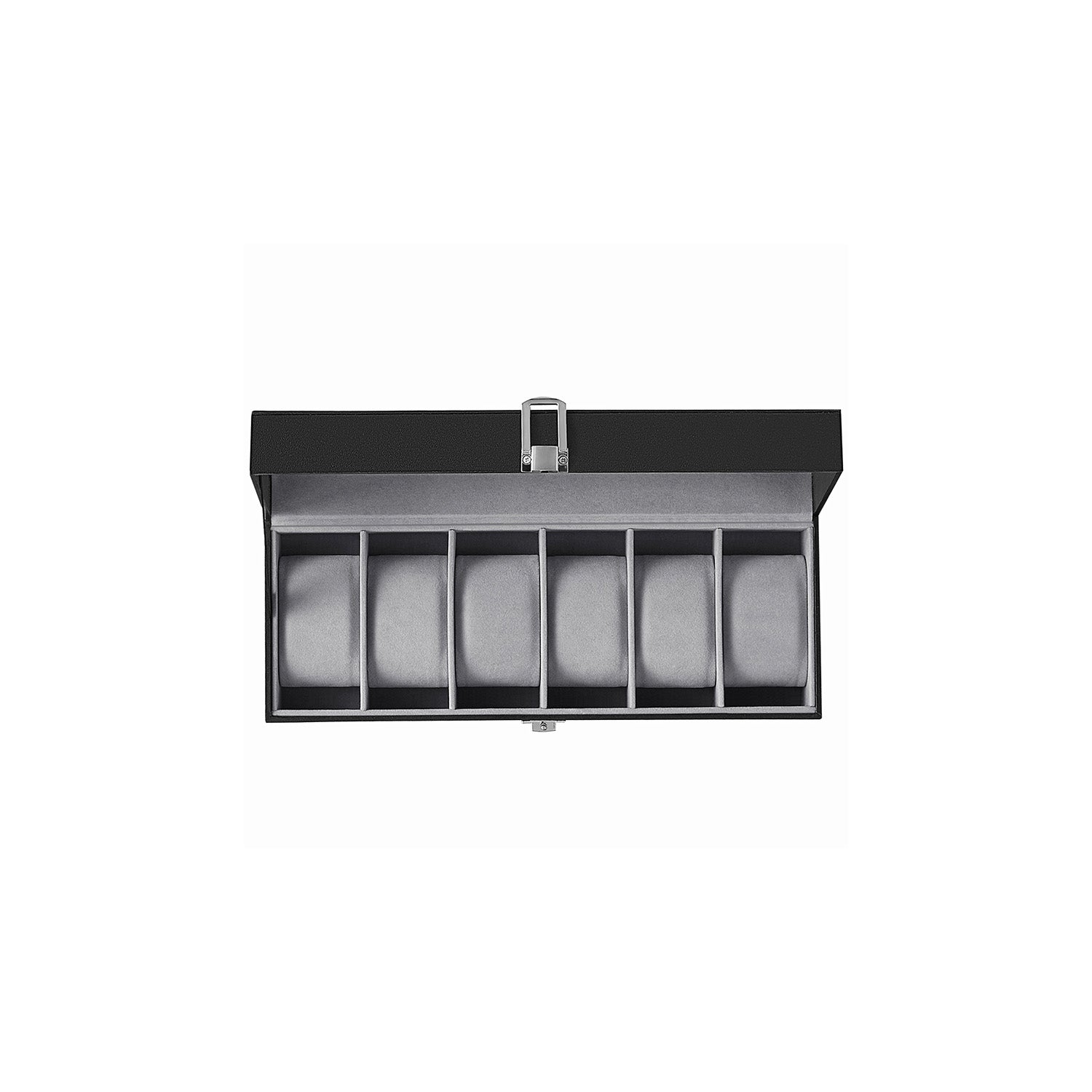 6-Slot Watch Case with Large Glass Lid - Black Synthetic Leather, Gray Lining - 4.4”D x 11.9”W x 3.1”H
