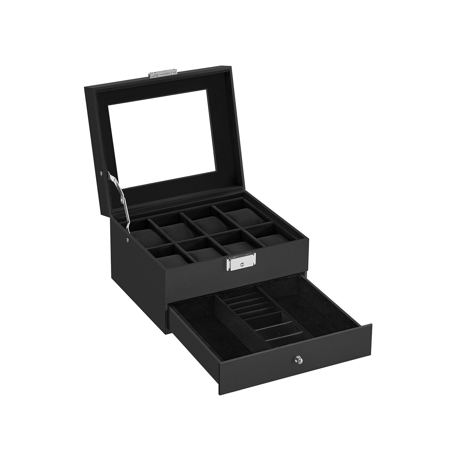 12-Slot Watch Box with Glass Lid - Black Synthetic Leather, Black Lining - 7.3”D x 8.7”W x 5.3”H