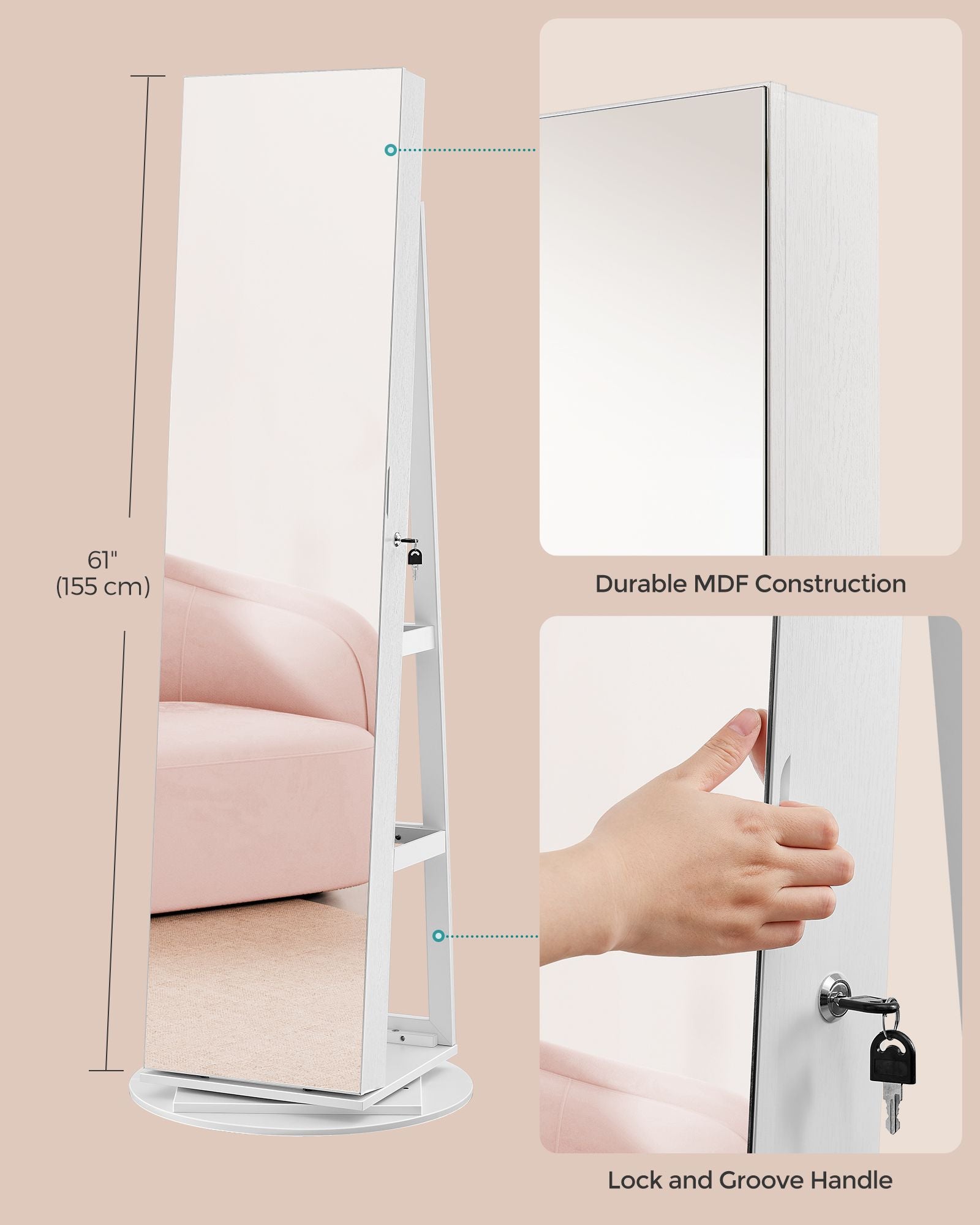 Jewelry cabinet with mirror - led lighting - velvet lined - standing organizer