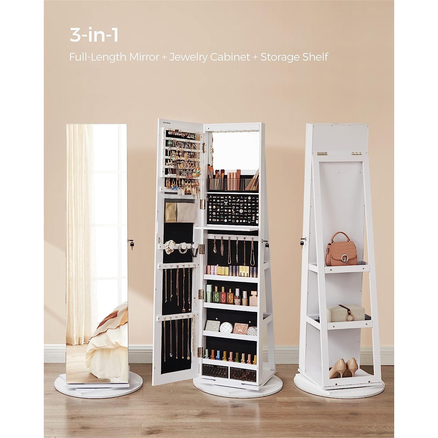 Jewelry cabinet with mirror - led lighting - velvet lined - standing organizer
