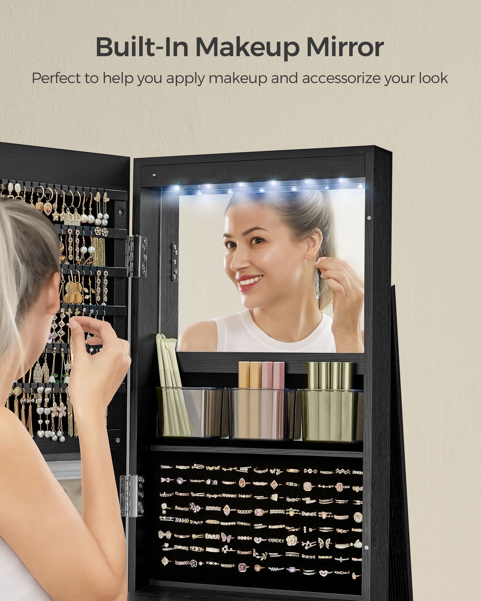Jewelry cabinet with mirror - led lighting - velvet lined - standing organizer