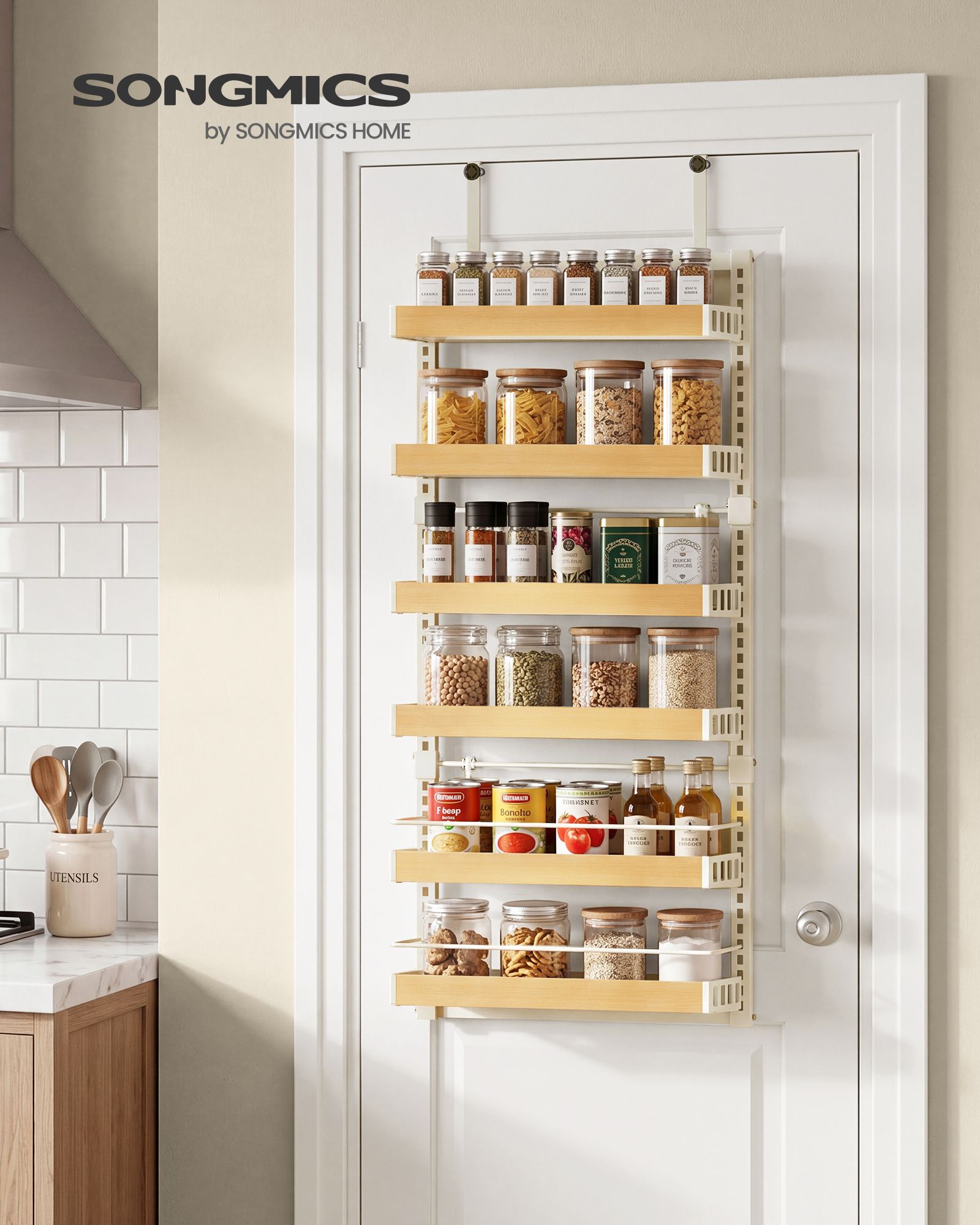 6-Tier Over the Door Pantry Organizer - Ink Black and Natural Walnut