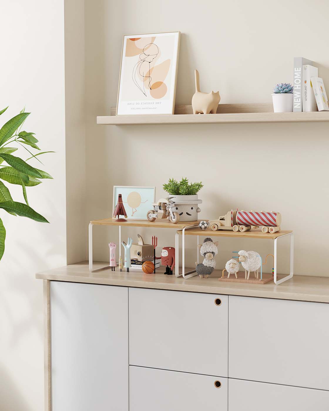 Expandable Cupboard Shelf Organizers - Bamboo and Steel - Stackable