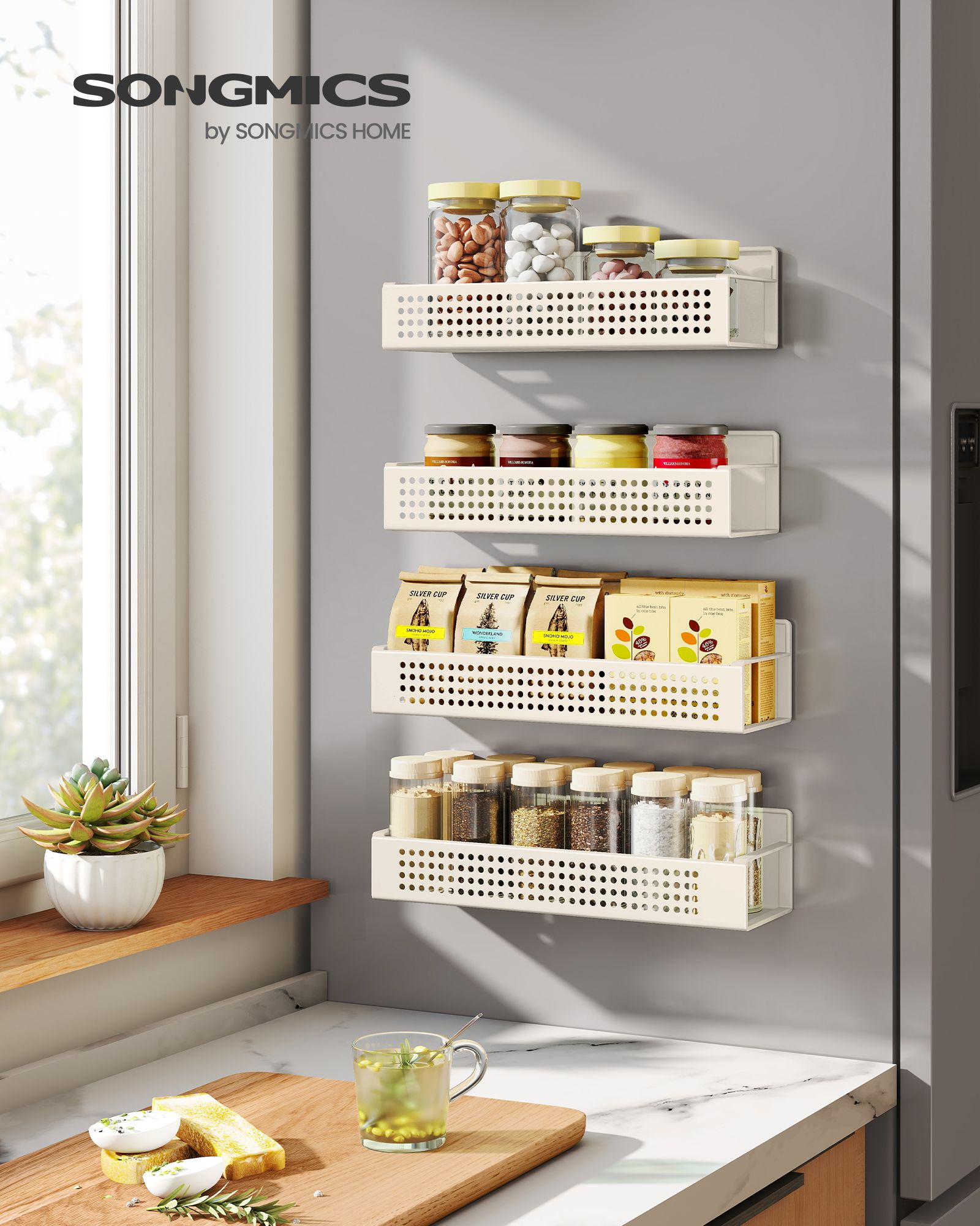 Magnetic Spice Rack for Refrigerator - Set of 4 - Cream White